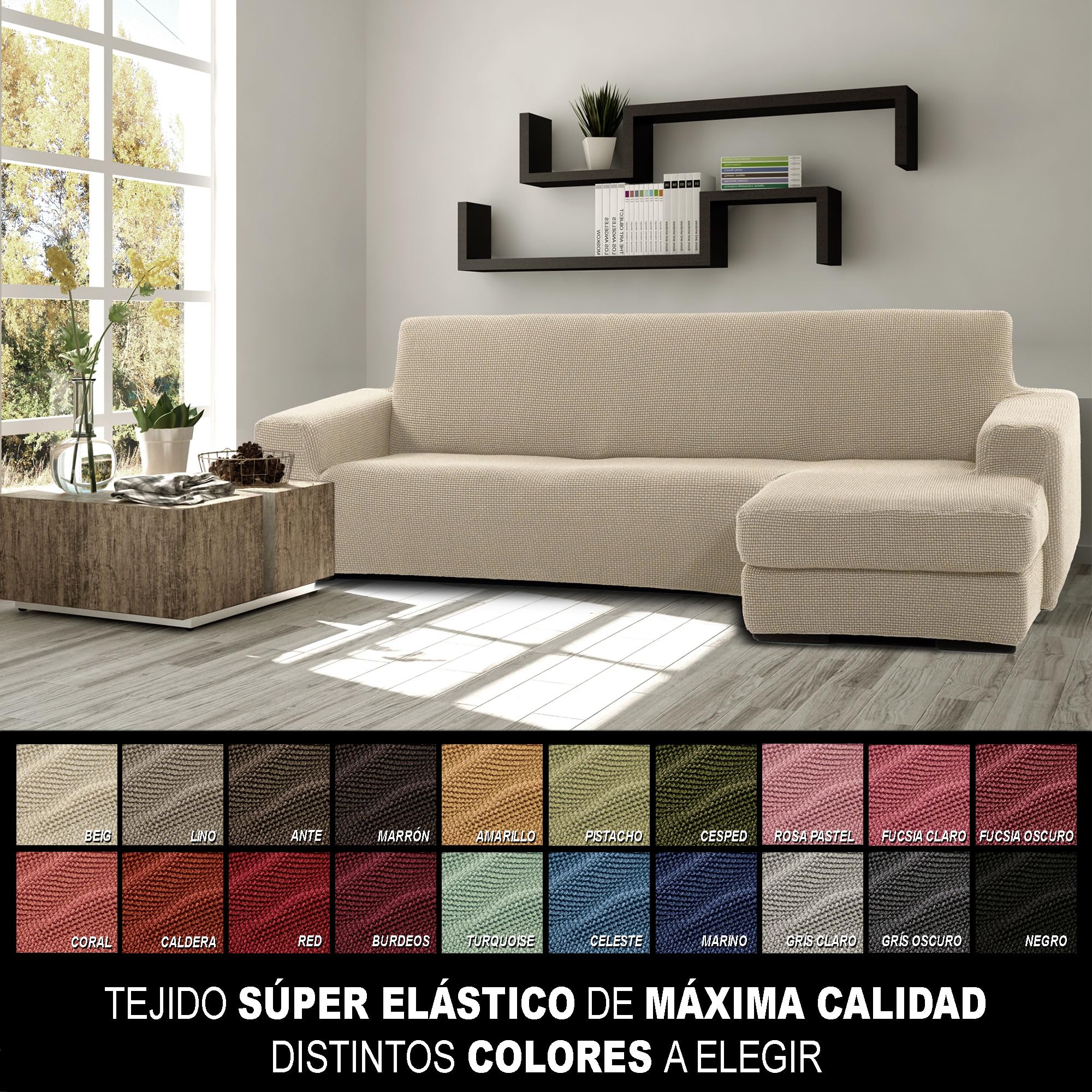 FAVERTI® Funda Super Elástica Chaise Longue Brazo Corto Derecho (Visto de Frente) | Modelo NOVELE | Beige | Protector de Calidad de Tejido Jacquard Tacto algodón