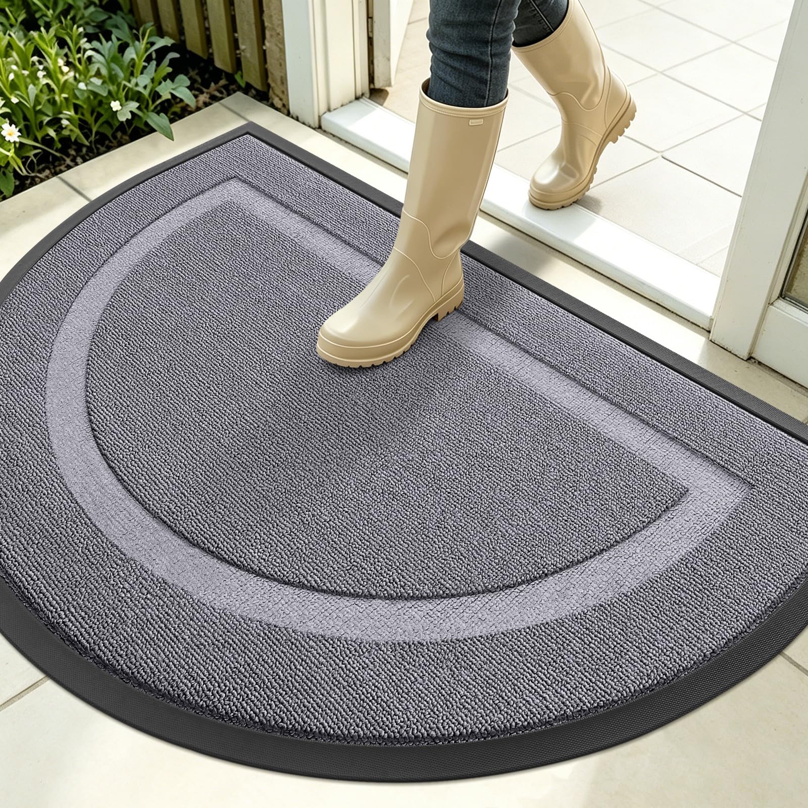 OLANLY Half Circle Front Door Mat Outside 35x23 All-Season Rubber Doormat | Classic Gray, Absorbent, Heavy-Duty, Stain and Fade Resistant, Non-Slip Backing, Low-Profile Indoor Outdoor Entryway Mat