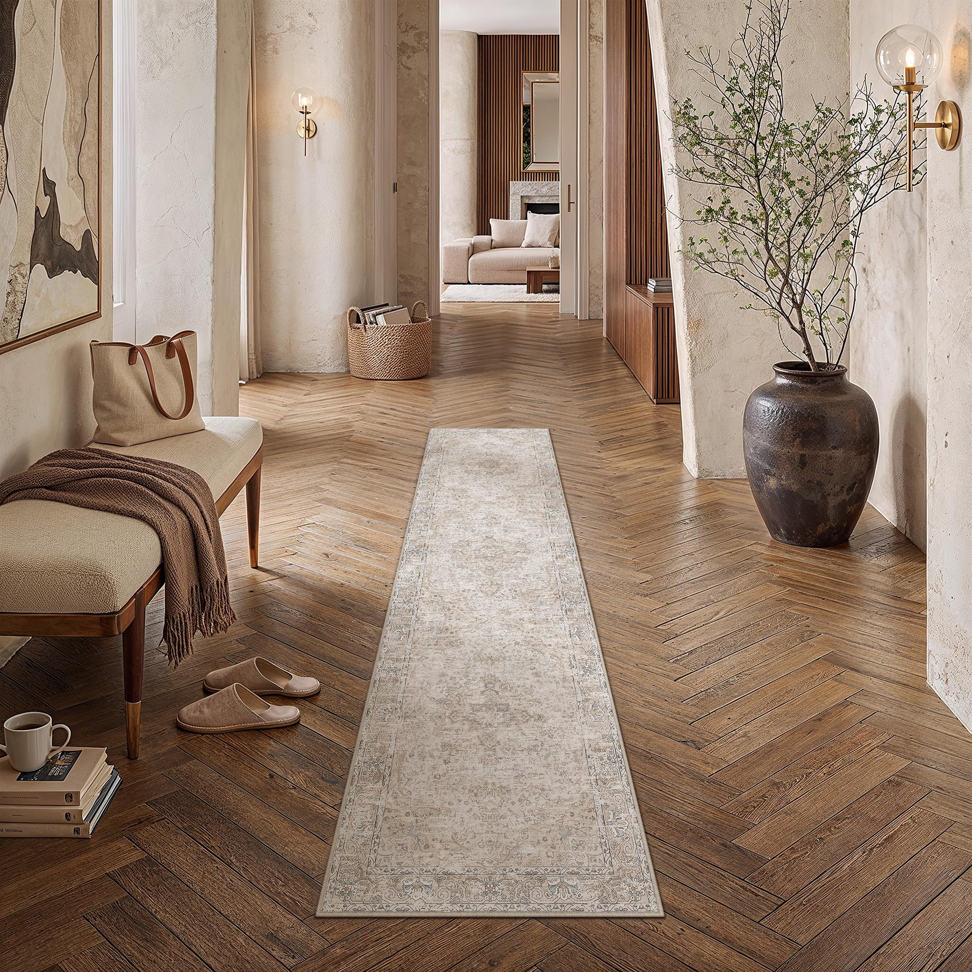 PureCozy Vintage Hallway Runner Rug 60x240cm Beige Non Slip Kitchen Rugs — image 1