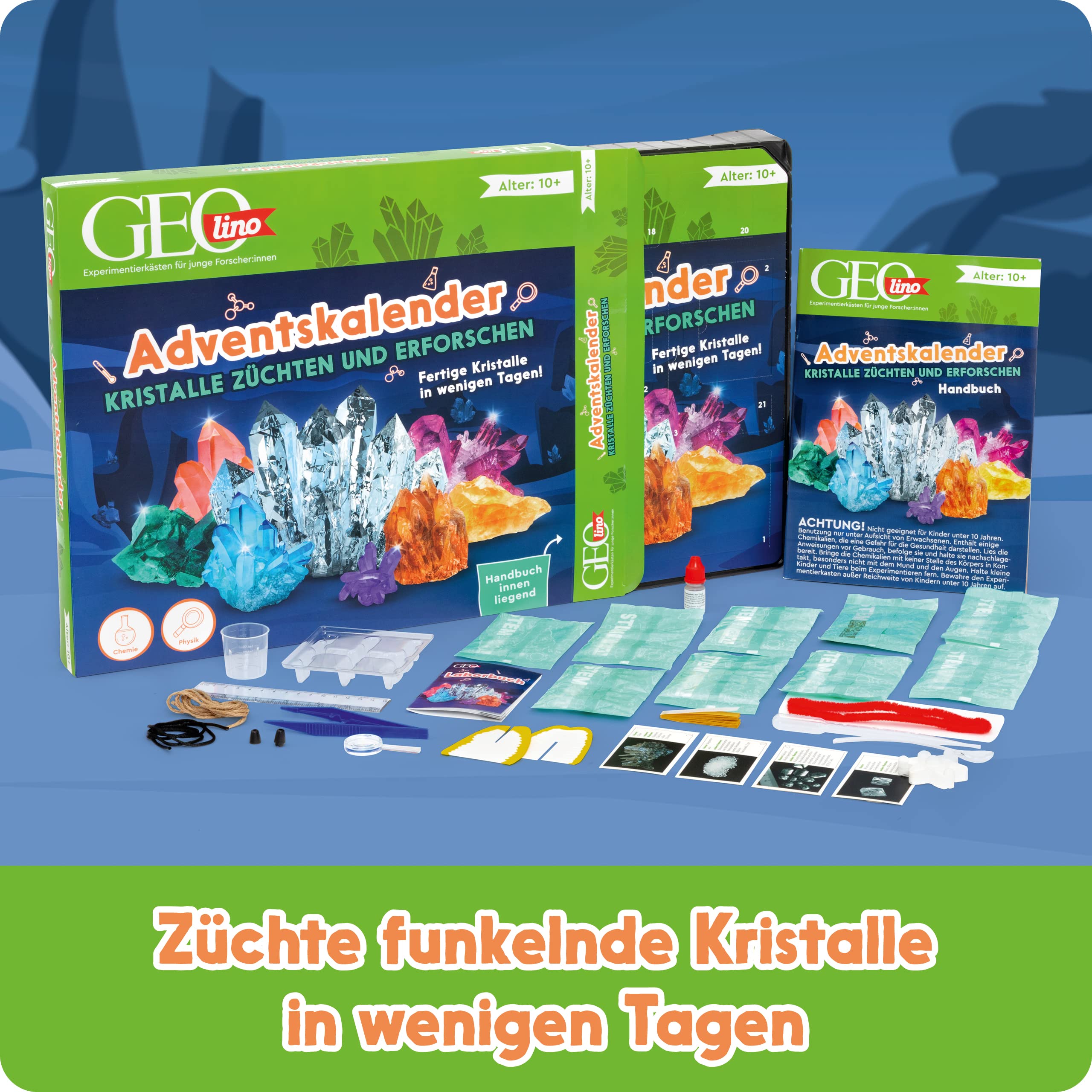 FRANZIS 67186 - GEOlino Adventskalender Kristalle züchten und erforschen, fertige Kristalle in 24 Tagen, zum Experimentieren, Erforschen und Entdecken, für Kinder ab 10 Jahren