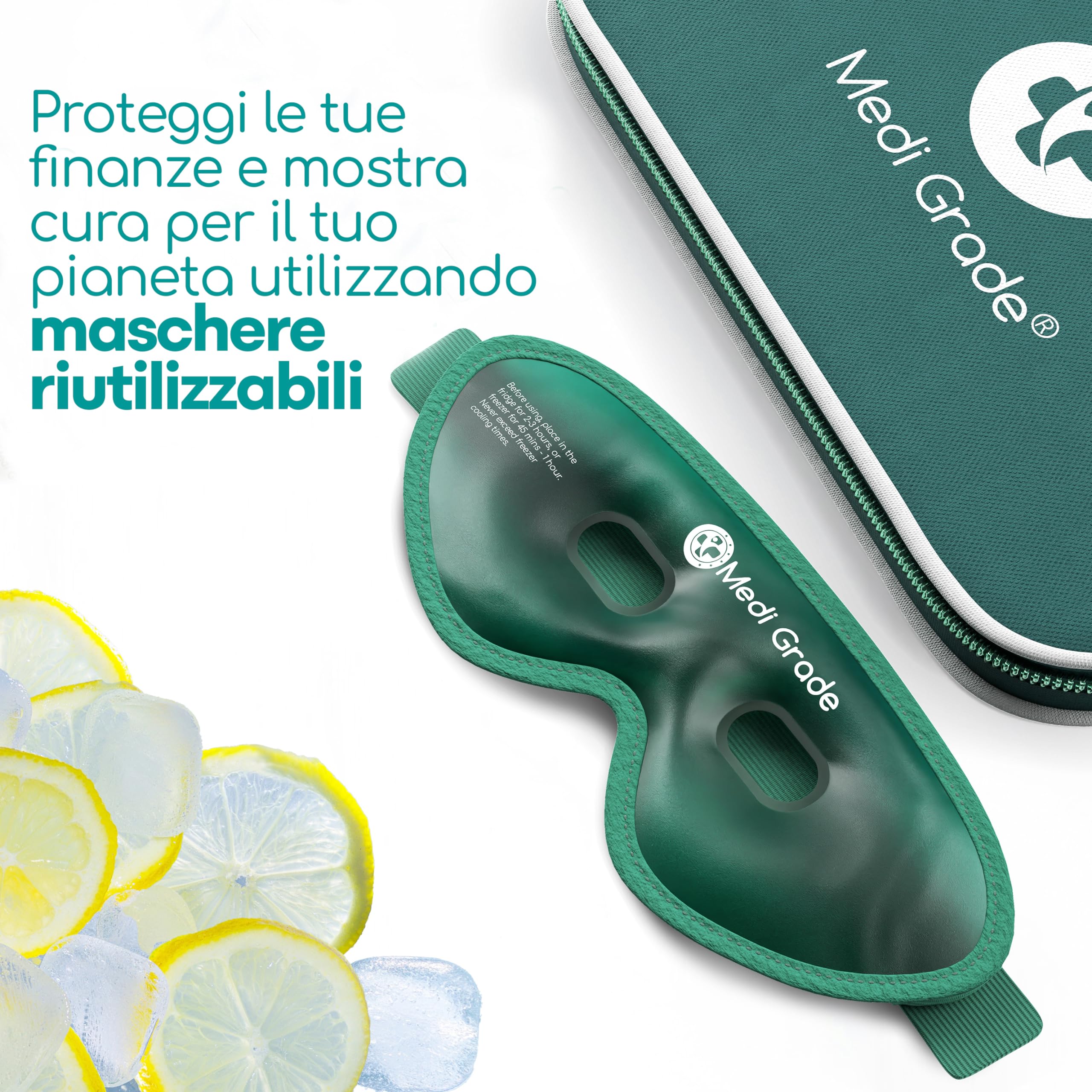 Medi Grade Maschera Occhi Gel Freddo - Riutilizzabile con 2 Cuscinetti Rinfrescanti, 1 tessuto Lycra e Borsa Termica - Mascherina Refrigerante con Strap Regolabili