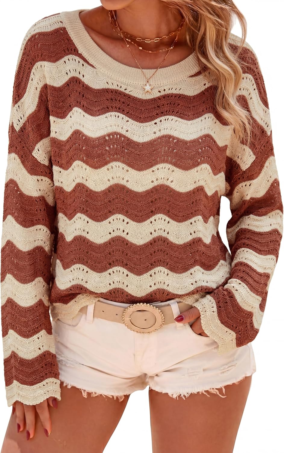Arach&Cloz Women's Linen Blend Oversized Crochet Bell Sleeve Beach Vacation Striped Tops 2026