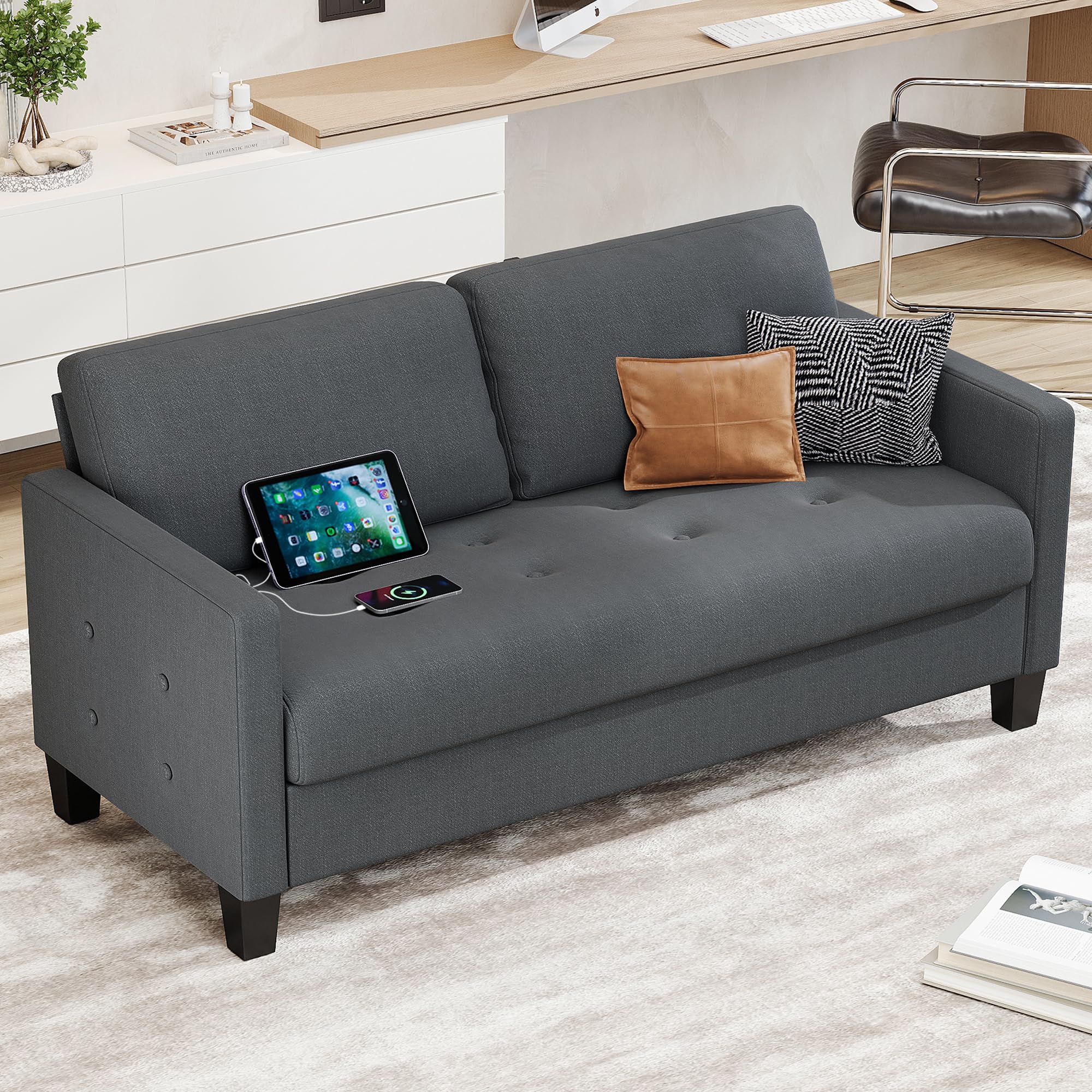 STHOUYN Comfy Loveseat Sofa Small Grey Couch, Small Love Seat Bedroom, Mid Century Modern Couches Living Room Dorm Office, 2 Seater Couch Deep Seat Sofas, 57”W (Dark Grey (Loveseat))