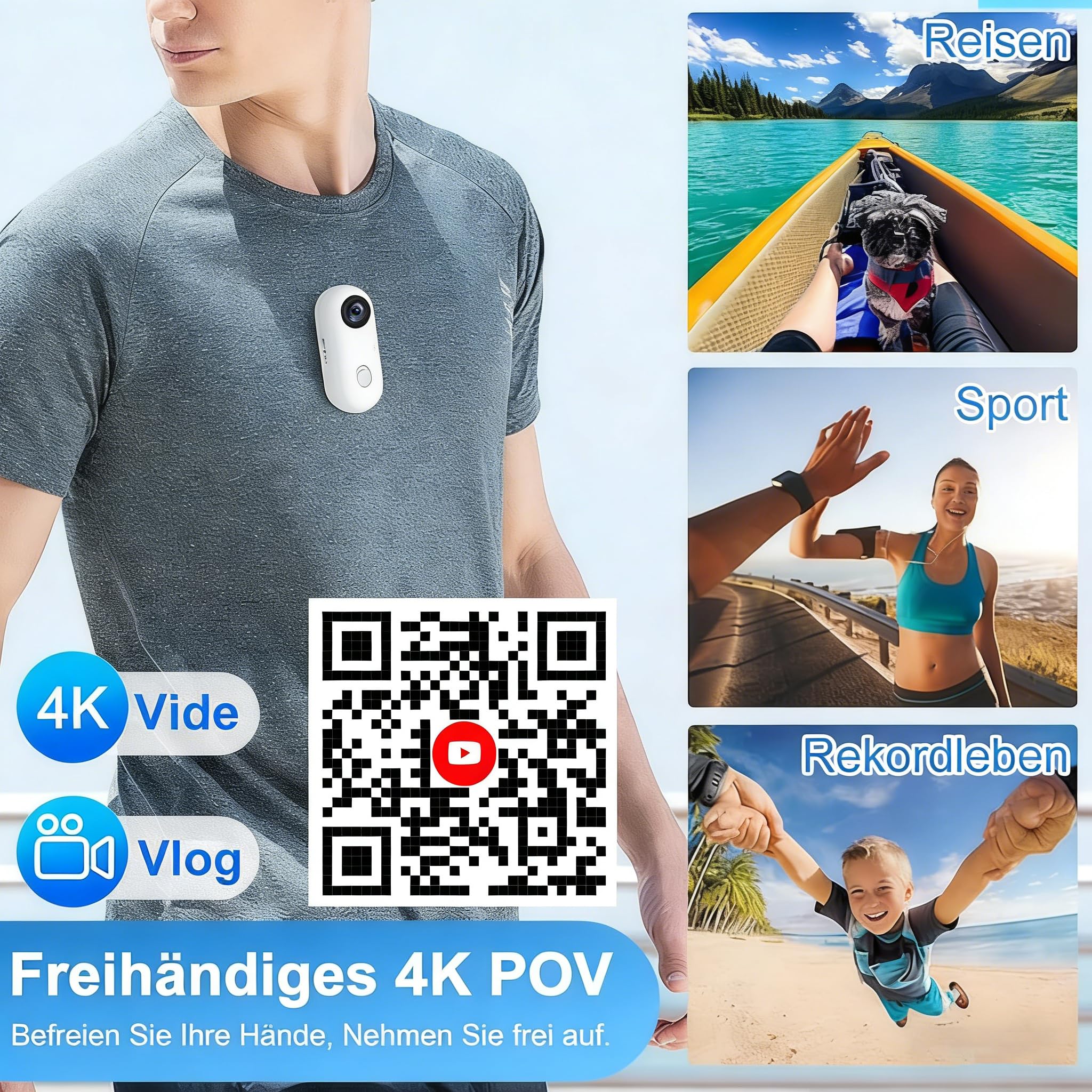 4K Action Cam Mini Bodycam WLAN mit App, Magnetische Mini Körperkamera, 360° Drehclip, POV Kopfkamera, Tragbare Wearable Sportkamera, Wasserdicht Helmkamera Motorrad Fahrrad für Vlog Haustiere Weiß