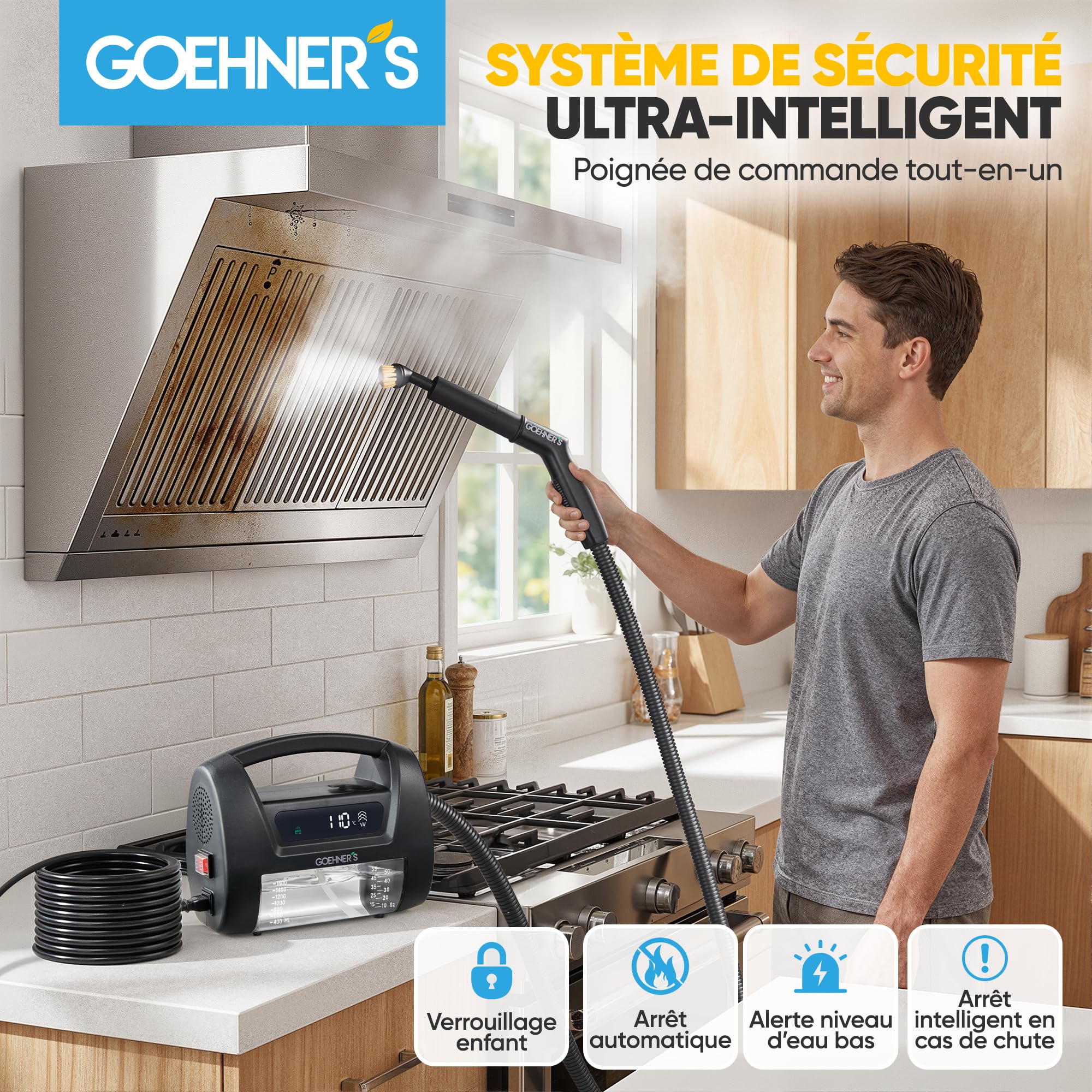 Nettoyeur Vapeur Haute Pression Portable, Appareil à Vapeur 110℃/3,5Bar pour la Maison, Chauffage Rapide 30s avec 3 Niveaux de Vapeur, Convient pour Carrelage, Cuisine, Salle de Bain et Voiture, Noir