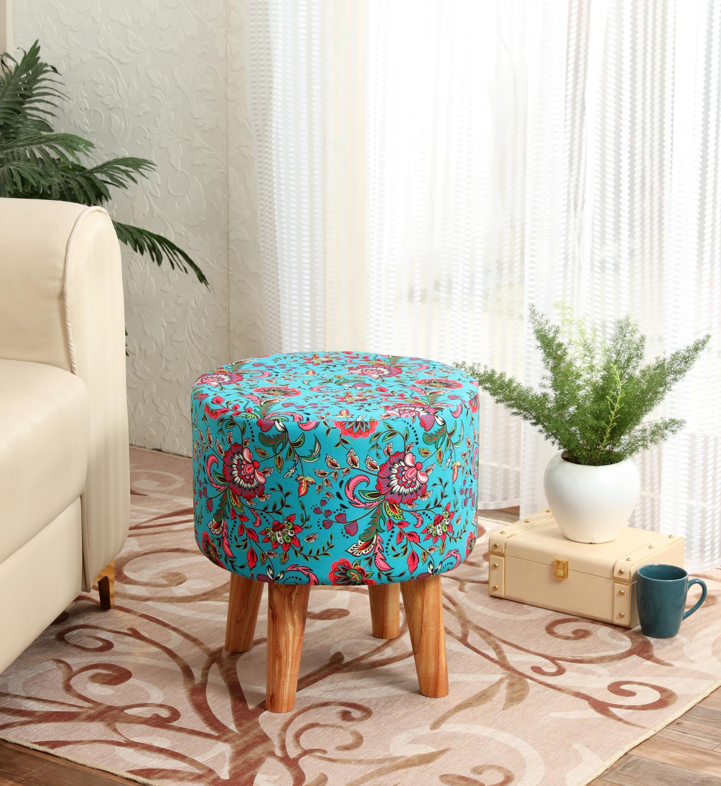 NACIA Printed Ottoman Rounded Stool for Living Room (16x16x17 Inch)| Soft Cushioned Top for Sitting & Footrest | Dressing Table Pouffe Stool, Modern Furniture for Home Decor, Blue