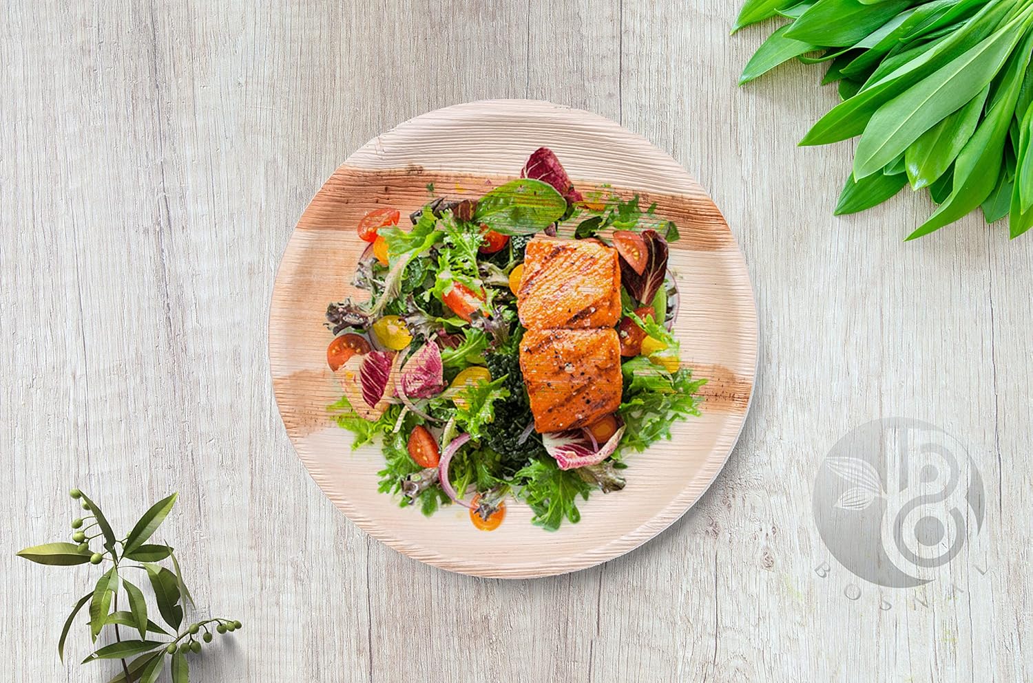 BOSNAL - Palm Leaf Biodegradable Plates, 10 inch, Round, 25 pcs, Compostable, Bamboo and Wood Style, Stackable, Restaurant Grade, Earth Friendly, Alternative to Paper Plates