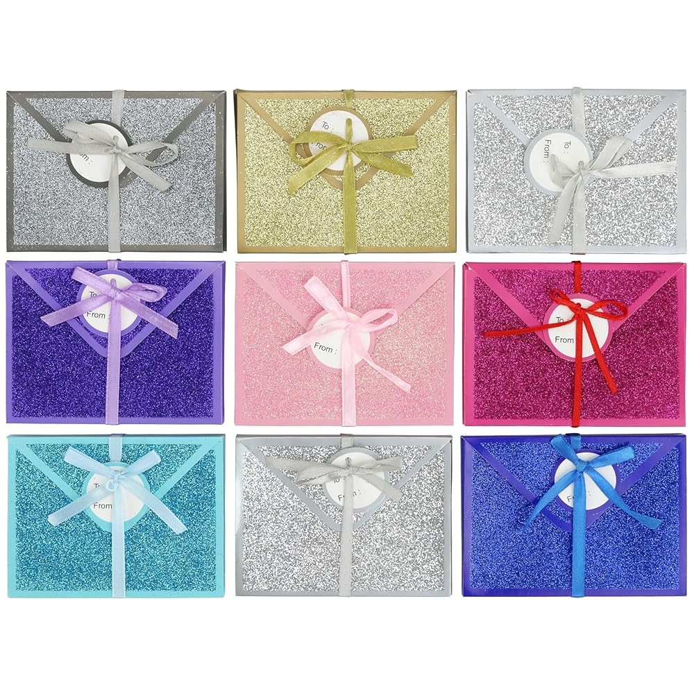 Iconikal 9-Pack No-Mess Glitter Decorative Wrapped Gift Card Holder Boxes with Ribbons Elegant Birthday Corporate Holiday Mother\'s Father\'s Day