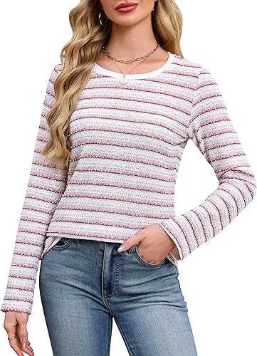 Blooming Jelly Womens Tops Long Sleeve Shirts Striped Tweed T Shirt Dressy Casual Business Crewneck 2025 Fall