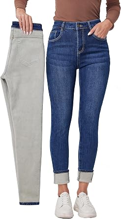 Fakanhui Womens Fleece Lined Jeans Winter Thermal Jeans Denim Skinny Warm Jeans