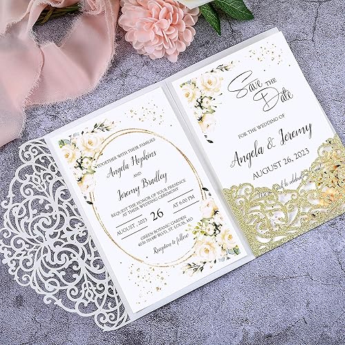 Miniatura 4 de DORIS HOME 50 piezas de oro con purpurina personalizada de 4.7 x 7 pulgadas, kit de invitación de boda con bolsillo de rosa hueca cortada con láser,