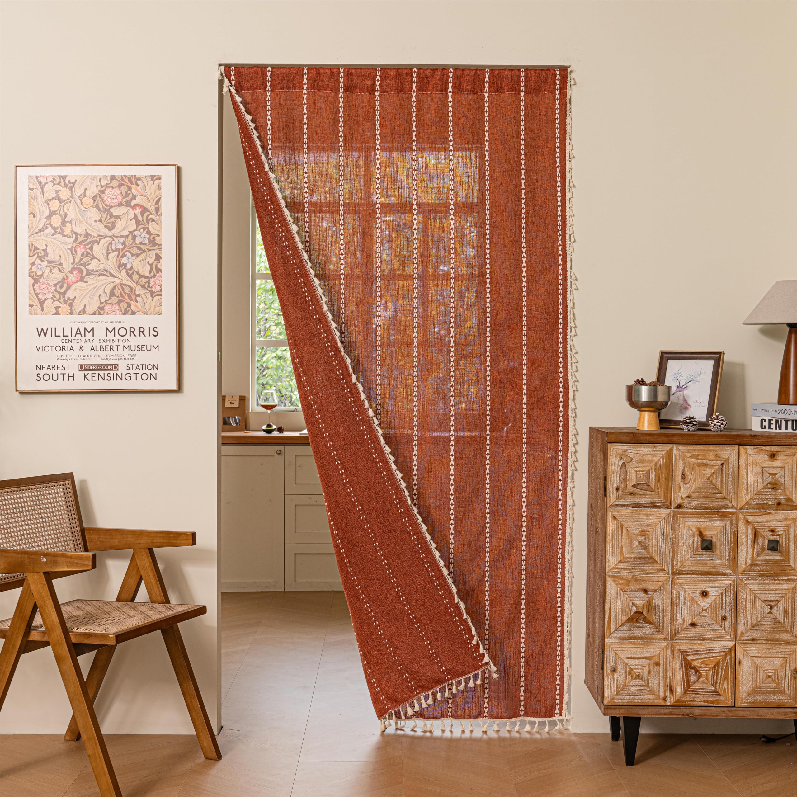 Sutuo Home Boho Sliding Door Curtains for Door Window, Bohemian Linen Tassles Light Filtering Temporary Room Privacy Dividers for Bedroom Living Room, Rod Pocket 1 Panel 37" W x 80" L, Terracotta