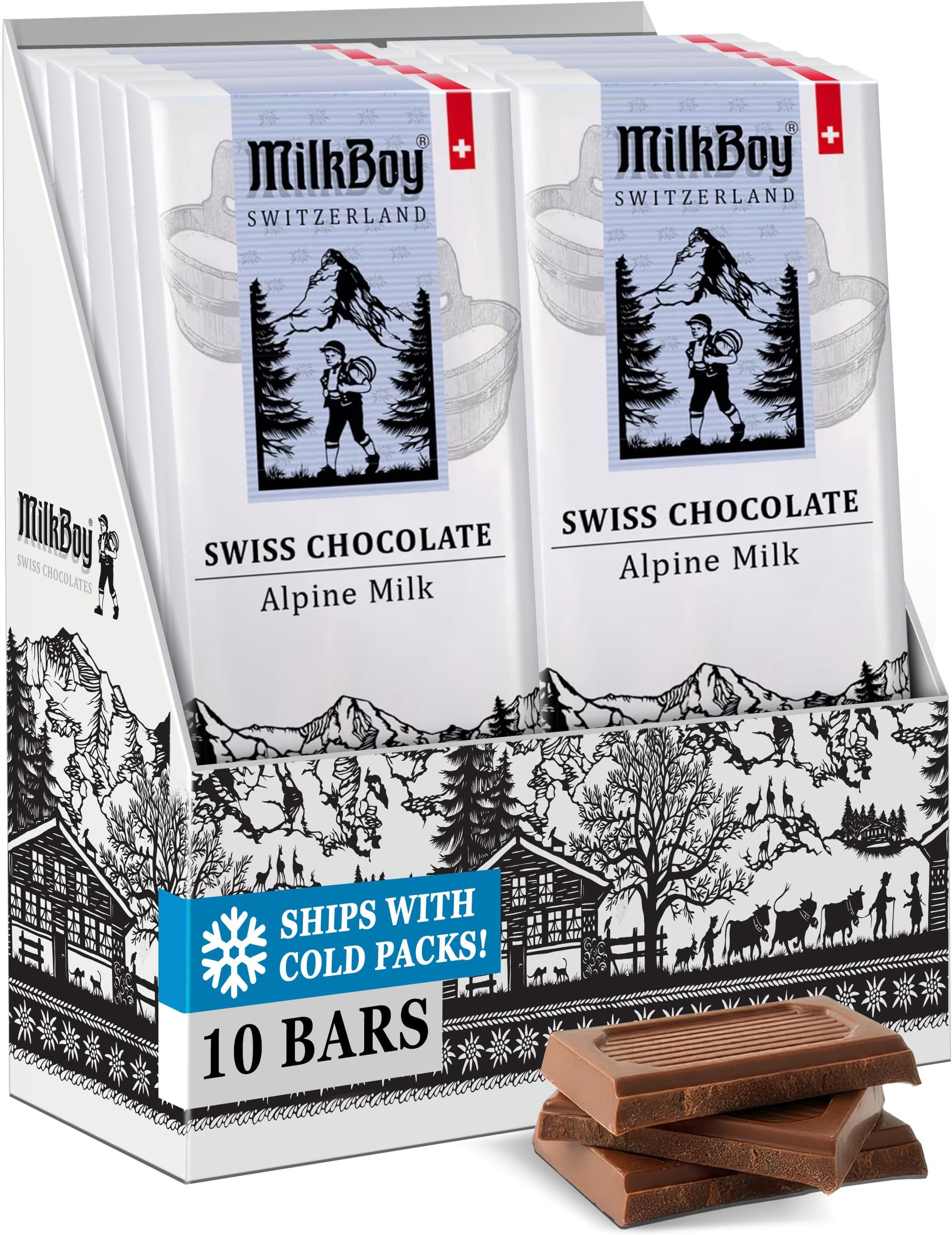 Premium Swiss Alpine Milk Chocolate Extra Creamy Milk Chocolate Snack Bar Size 1.4 oz - GMO Free (10 Pack)
