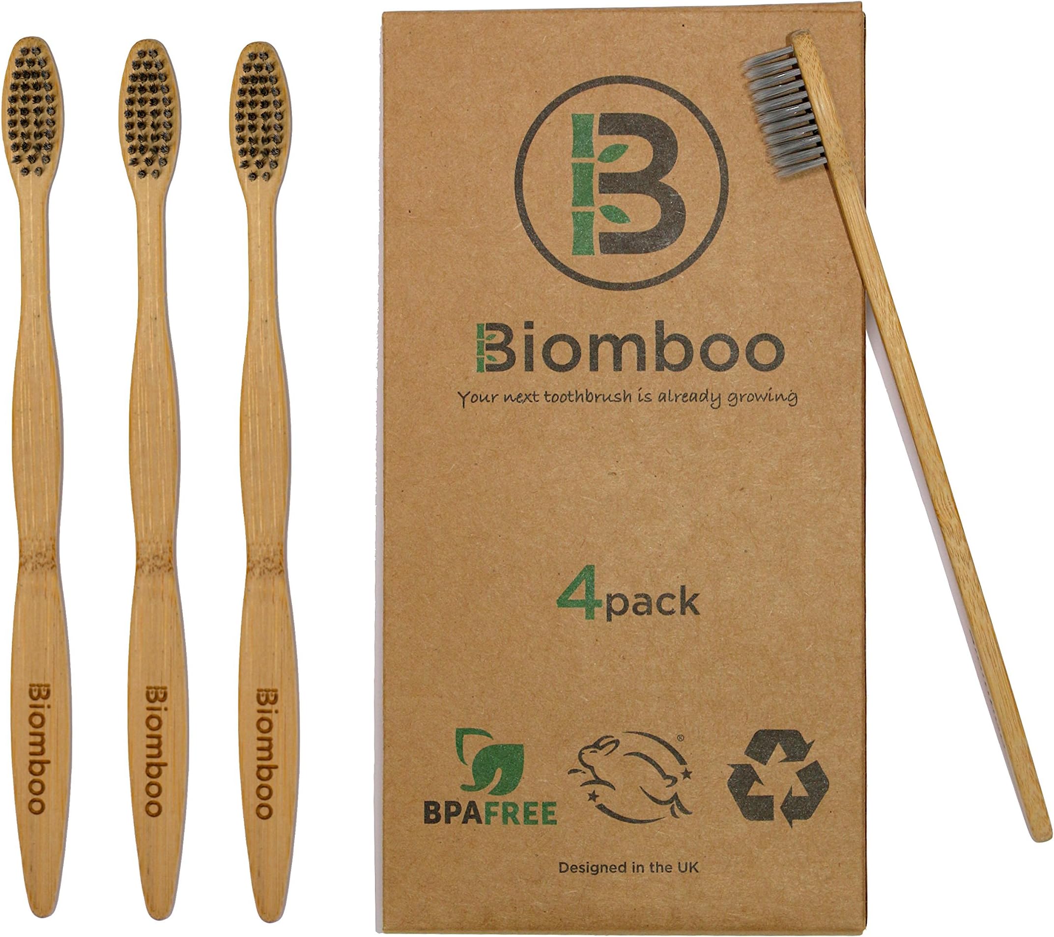 Premium Natural Bamboo Toothbrush with Activated Charcoal Infused Bristles by Biomboo | Zero Plastic Packing | 100% Biodegradable Handles | Eco Friendly | BPA Free | Vegan Friendly | Family Pack of 4