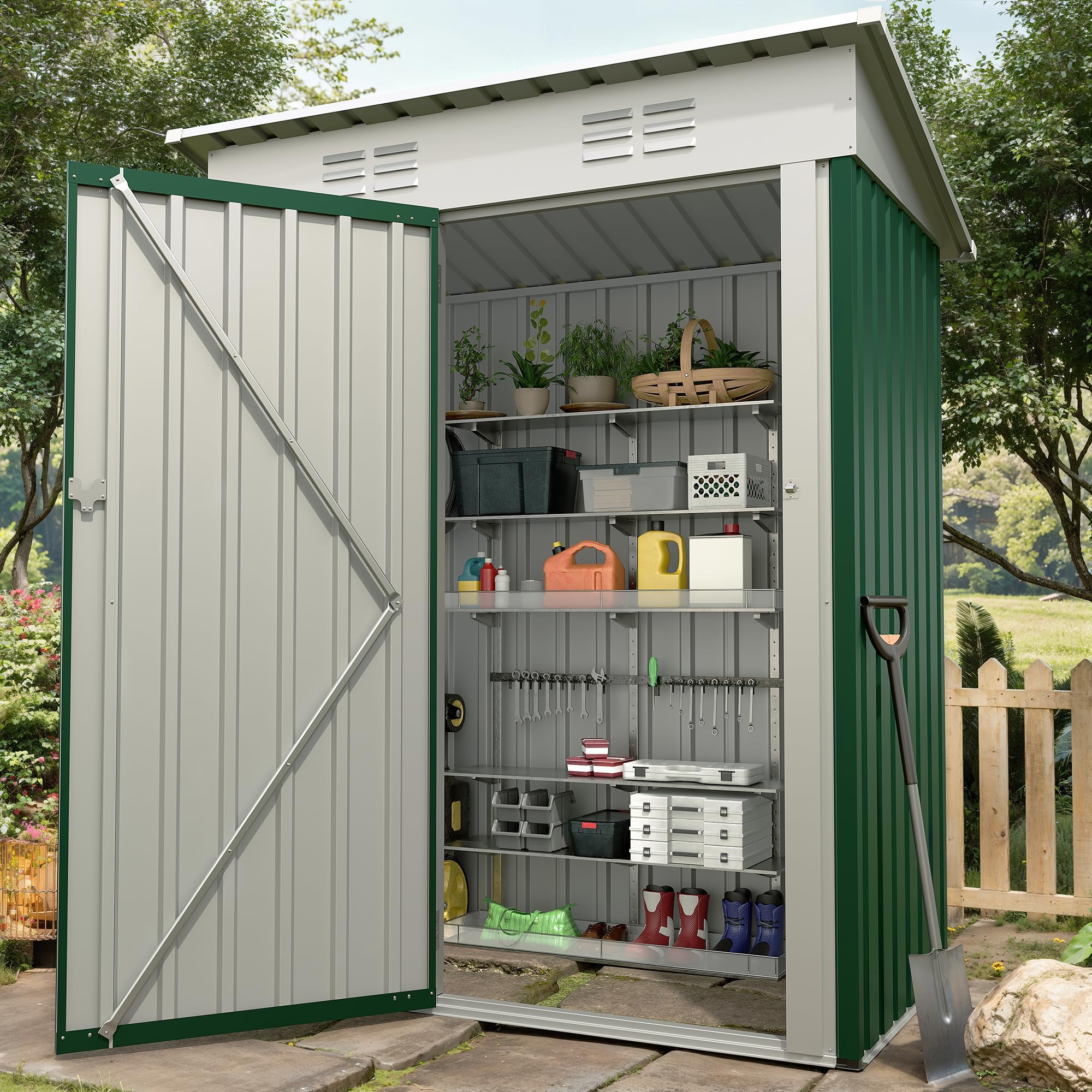 Metall Geräteschuppen 152x89x183cm, Gartenschuppen Aus Metall, Lagerschuppen Im Freien, Gartenhaus Mit Pultdach, Belüftung & Abschließbaren Türen Für Hinterhof, Terrasse, Rasen