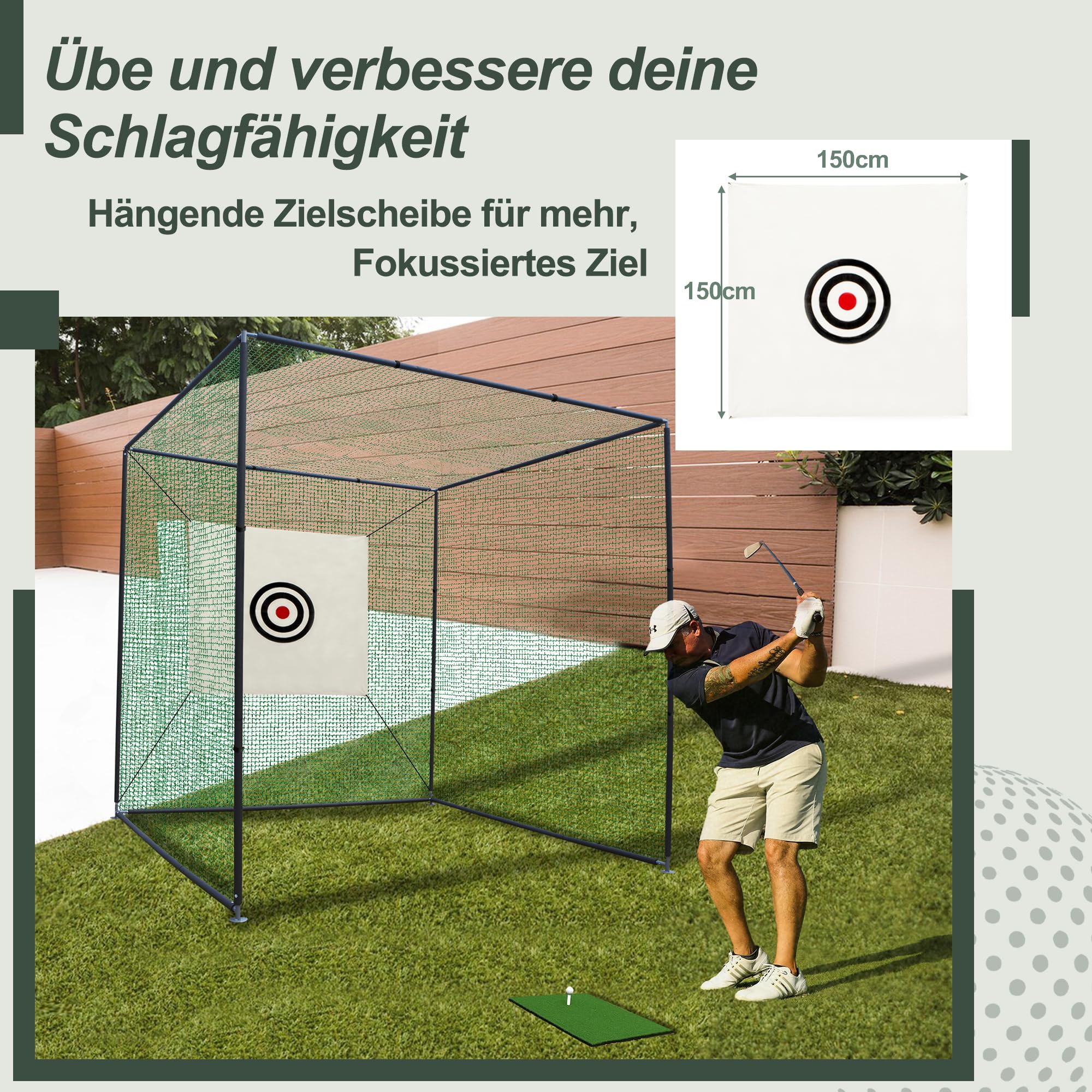 Thanaddo Golfkäfignetz 3m Freistehend Übungskäfignetz, Golfnetz Übunskäfig mit Ziel-Tuch und Übungsmattte