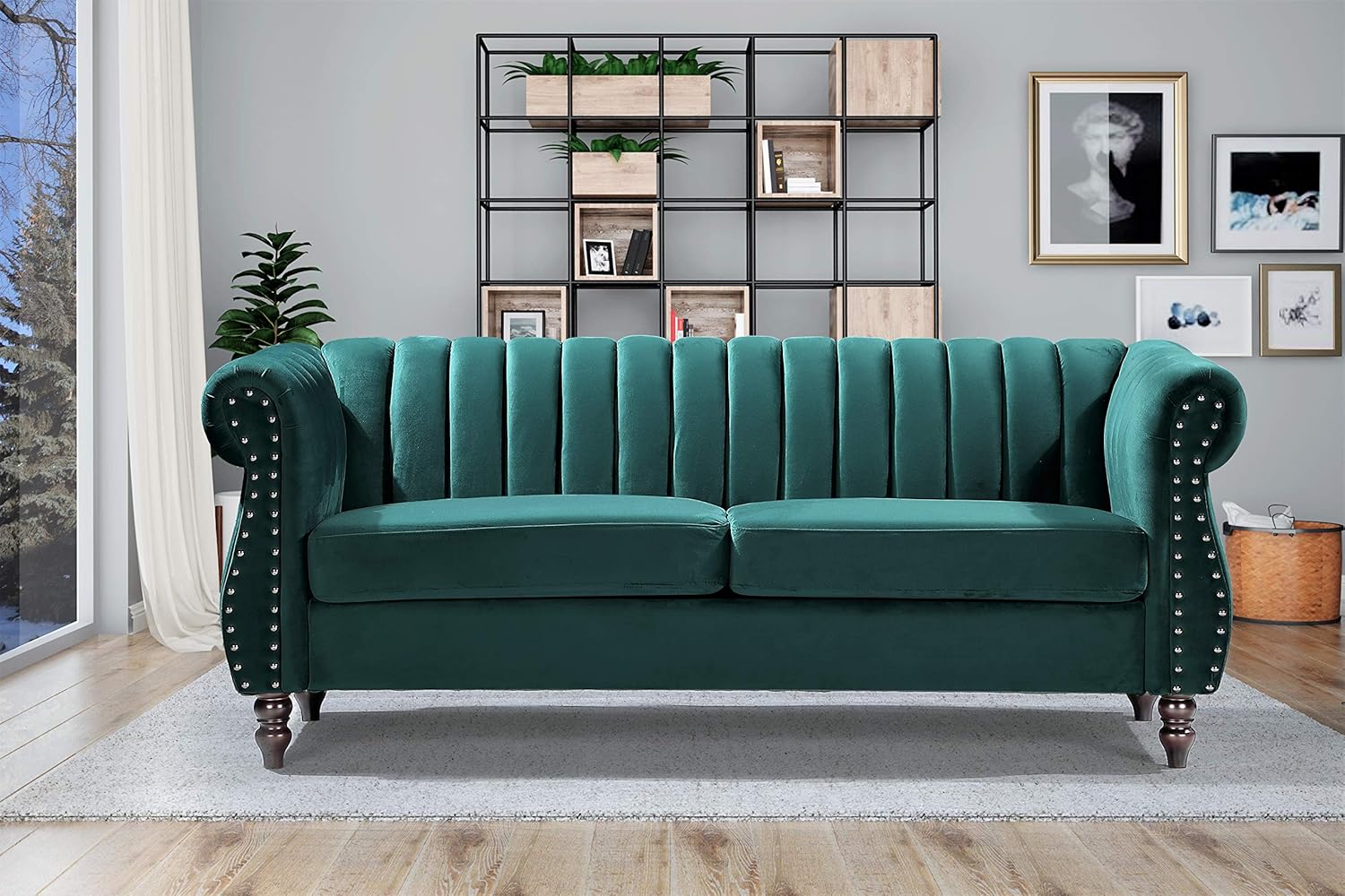 Quinones Modern Chesterfield Couch with Elegant Rolled Arms, Nailhead Trim & Channel Tufting, 76.4" Wide Sofa, Lush Green