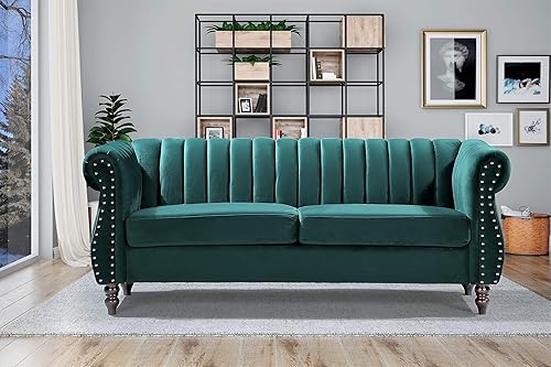 Miniatura 18 de Quinones - Sofá Chesterfield moderno con elegantes brazos enrollados, ribete de cabeza de clavos y acolchado de canal, sofá de 76.4 pulgadas de