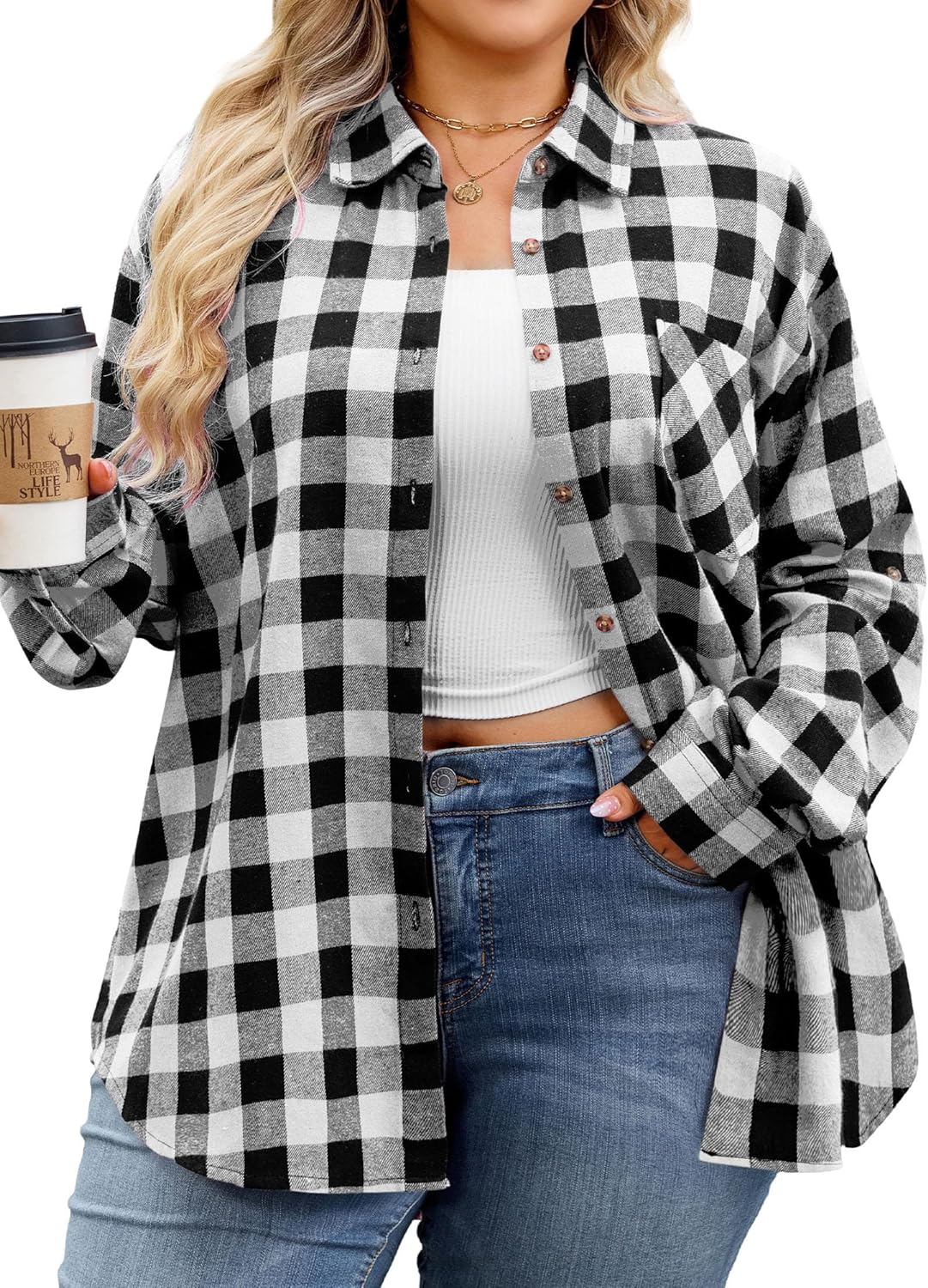 Womens Plaid Shirts Plus Size Soft Long Sleeve Button Down Flannel Shirt Roll Up Oversize Checkered Blouse Top
