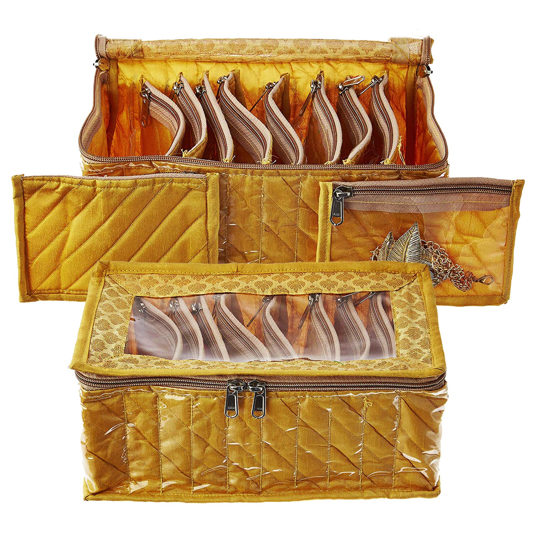 Kuber Industries 2 Pieces Fabric Jewellery Box with 10 Transparent Pouches, (Gold) - CTKTC30955