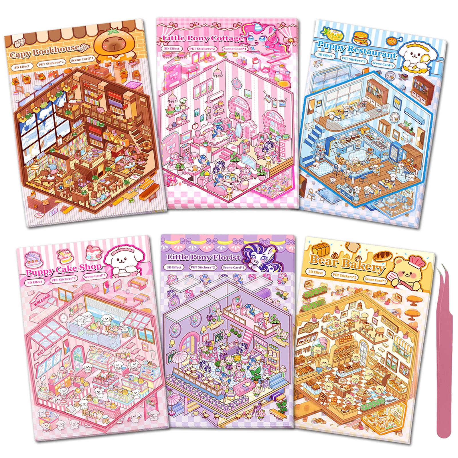 DIY 3D Sticker Scenes for Girls, 6 Sets Make Your Own Mini Room Scene Stickers for Kids, Cute Kawaii Scene Stickers, Therapy Stickers for Stress Relief, Holiday Christmas Activity