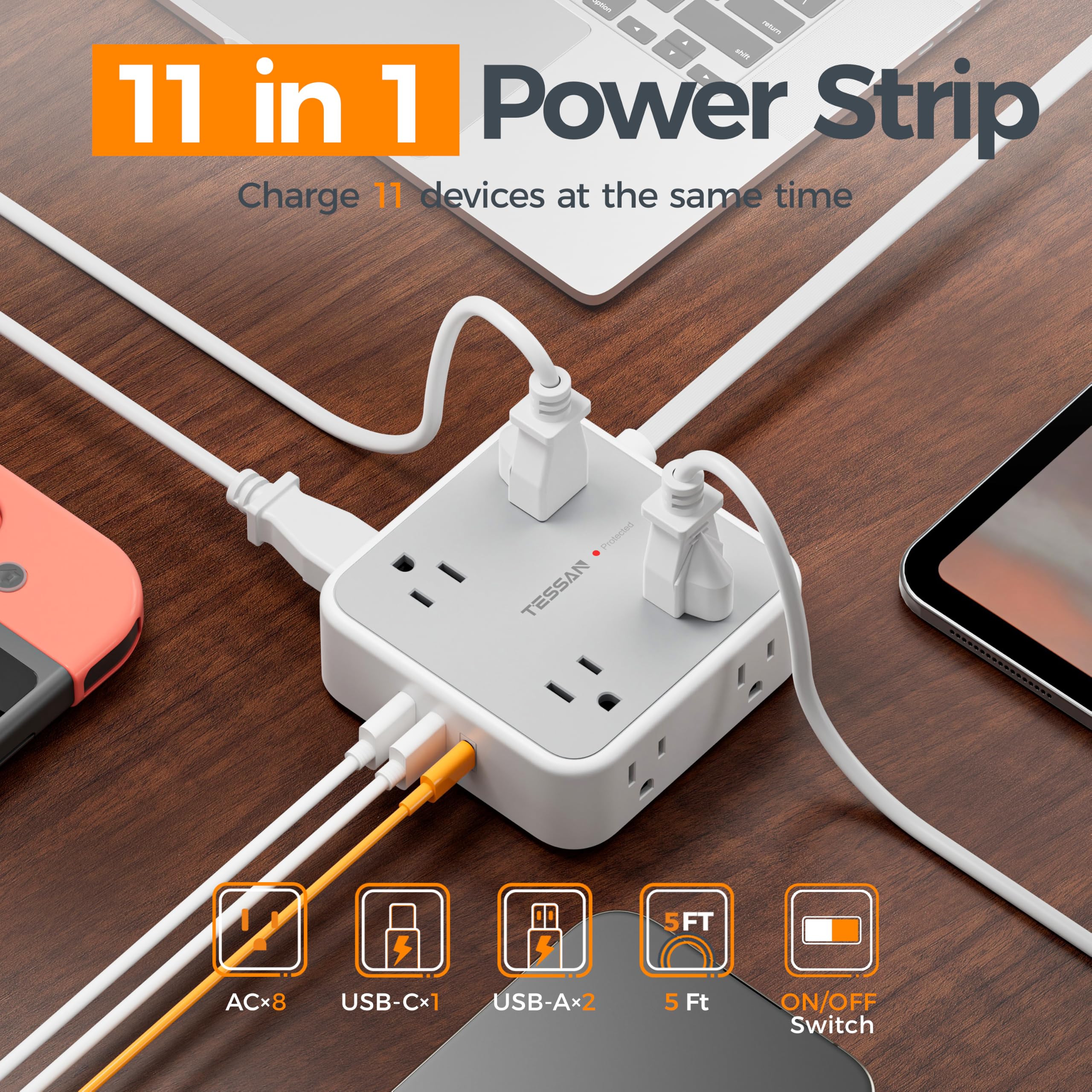 Grey Surge Protector Power Strip with 5 Ft Q2876