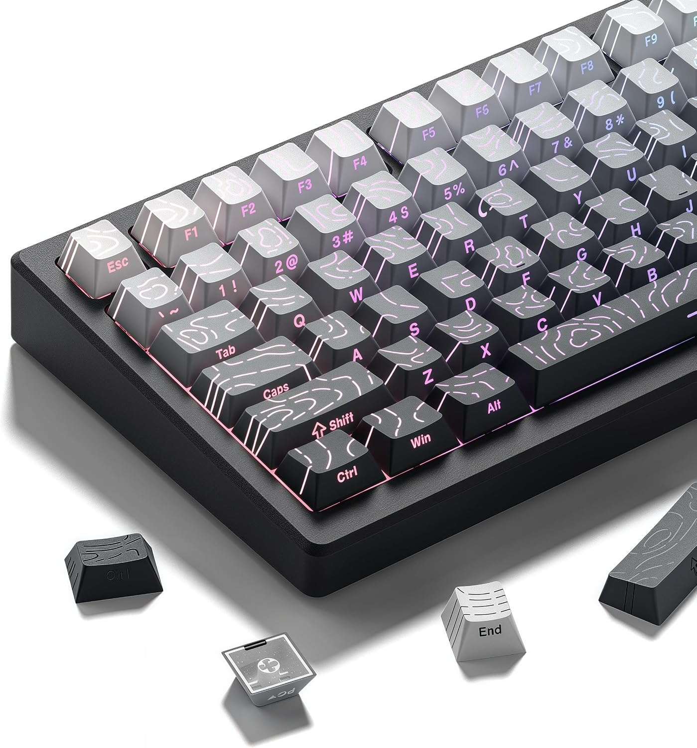Gray Gradient Contour Keycaps White/Grey Topographic keycap Sets Line Backlit Gradient keycaps Shine ...