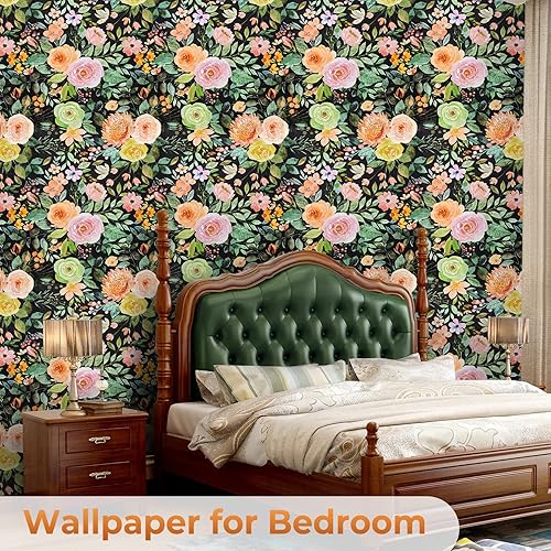 Miniatura 2 de Beautysaid Papel tapiz floral para despegar y pegar papel de pared texturizado bohemio para dormitorio, baño, apto para inquilinos, impermeable,