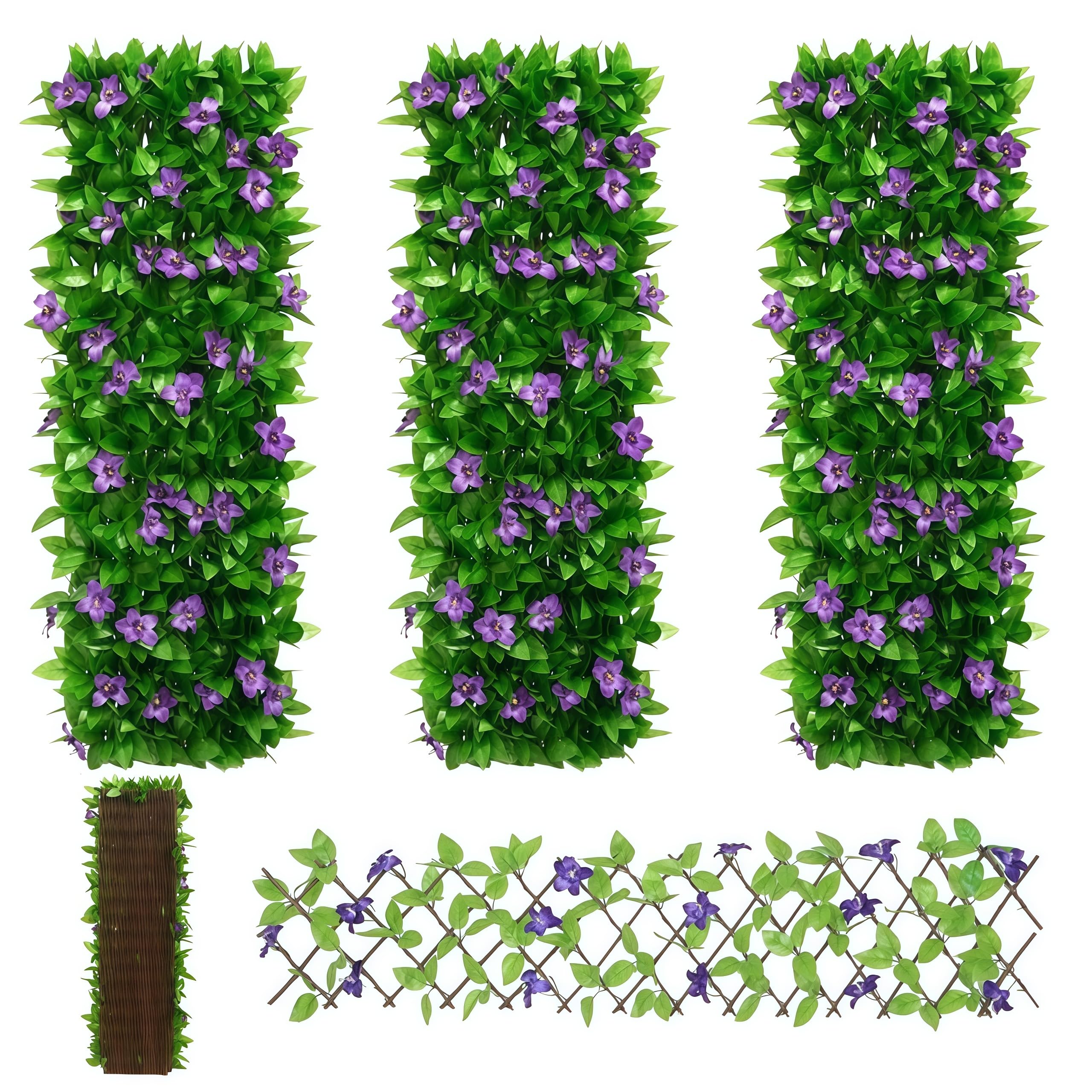 Artificial Ivy and Violet Flower Fence Screening,Expanding Garden Trellis Panels for Balcony Patio Outdoor,Decorative Faux Ivy Fencing Panel,Artificial Hedges 40x200cm- Expanded (A, 3PCS)