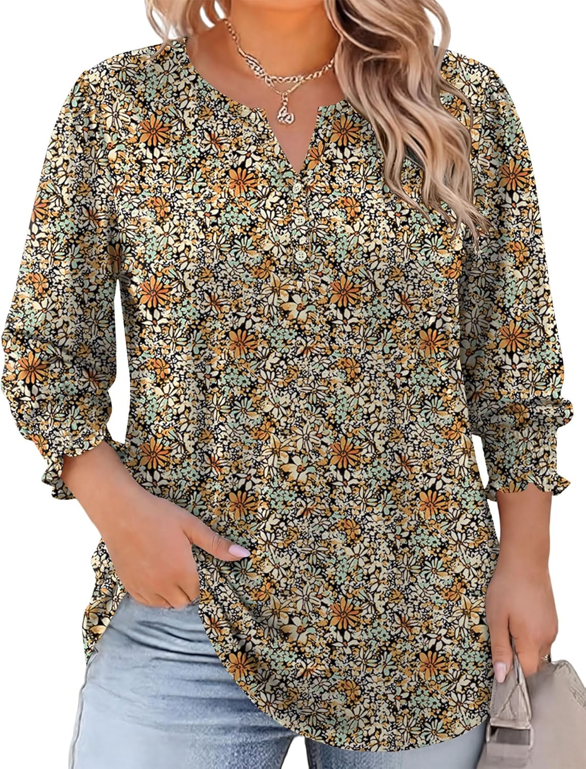 LOMON Womens Plus Size Tops 3/4 Length Sleeve Womens Tops Casual V Neck Loose Fit Blouses 1X-5X