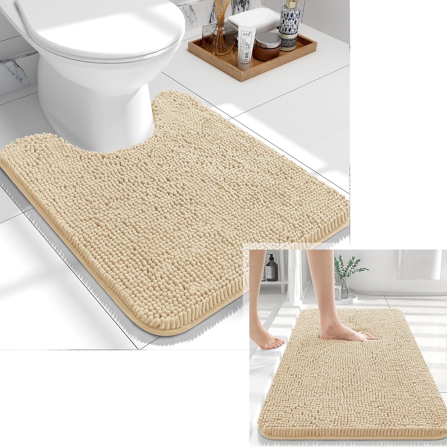 OLANLY Chenille Bath Rugs and Toilet Rugs U-Shaped, Bath Rug Size 30x20 and Toilet Rugs Size 24x20 in Beige, 2 Item Bundle