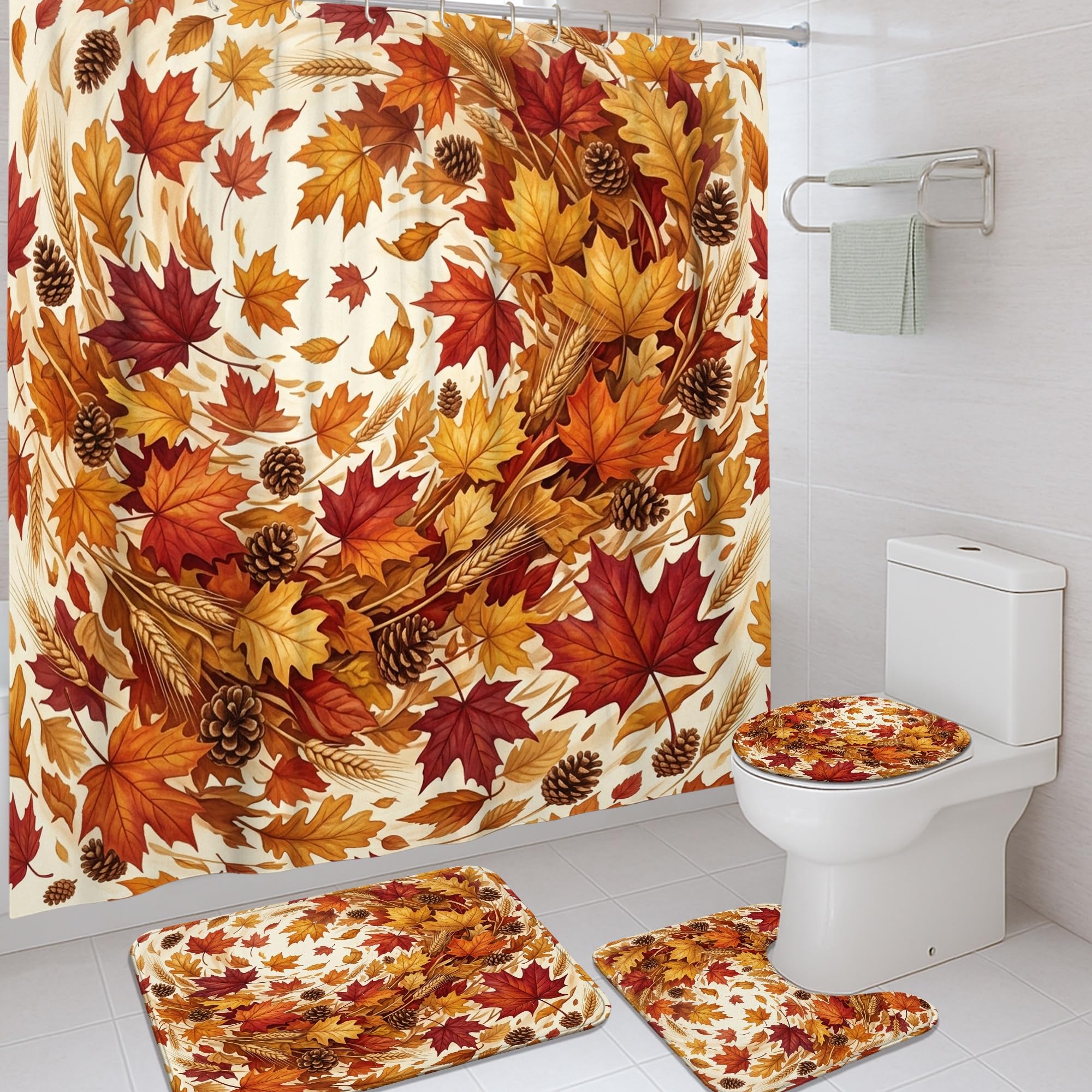 Ensemble rideau de douche rustique 183x183 cm avec tapis de bain feuilles de pin
