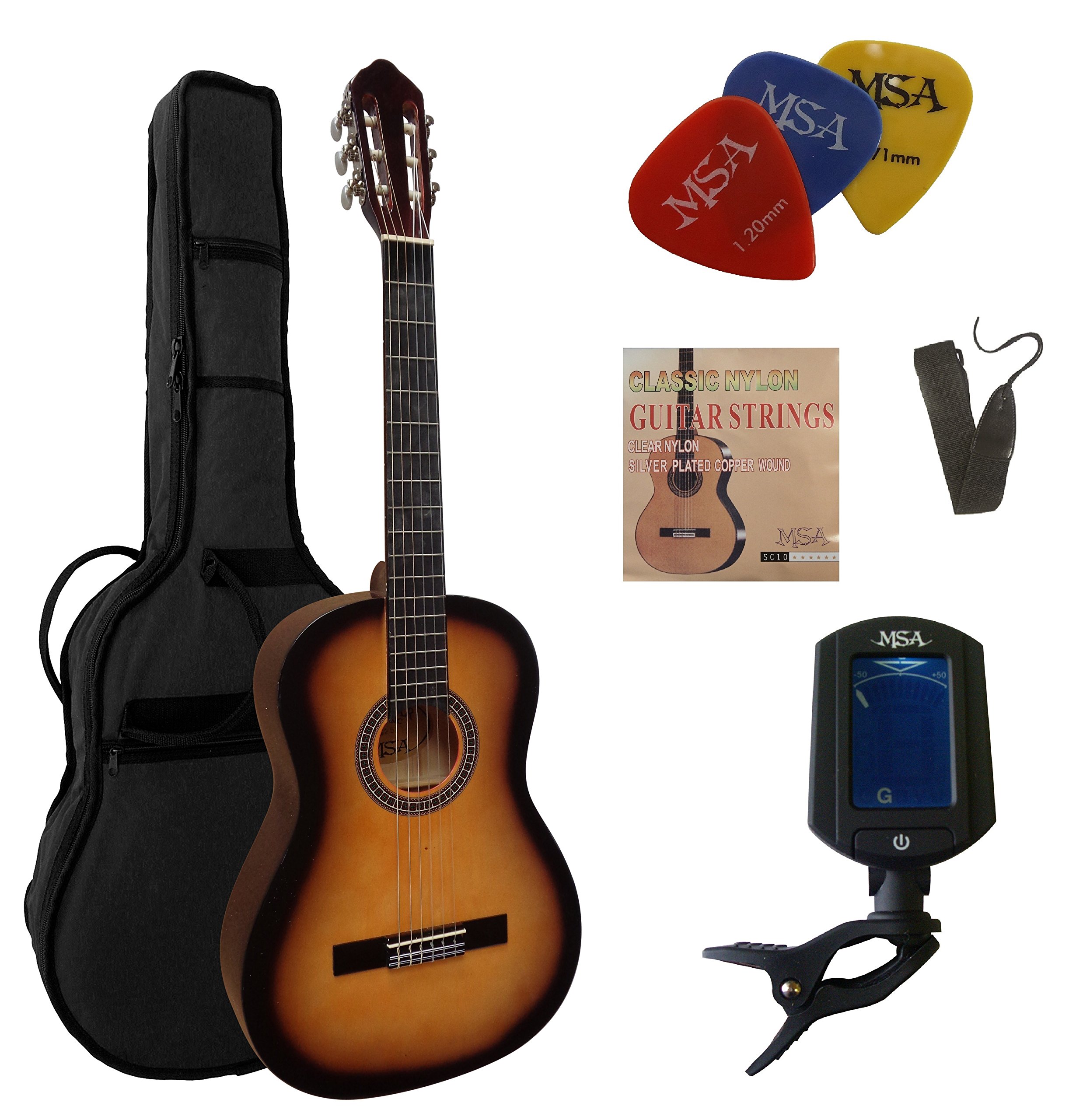 4/4 CHITARRA DA CONCERTO NEL CLASSICO SET - SUNBURST - LEGNO DI TIGLIO - BORSA - TRACOLLA - 3x PLETTRI - ACCORDATORE ET33