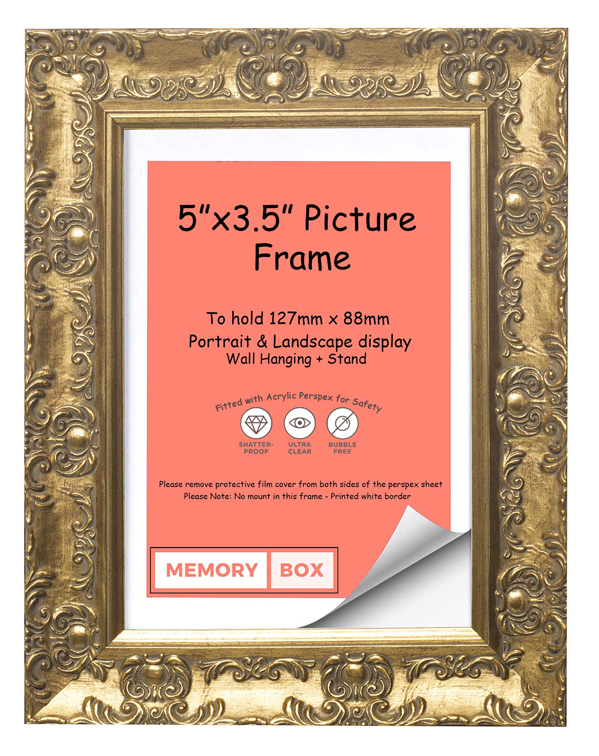 WIDE Ornate Shabby Chic Antique swept MUSE Picture/Photo/Poster frame with Real Glass - Moulding 58mm Wide and 28mm Deep - (12.7 x 8.9cm) Gold Colour 5" x 3.5"