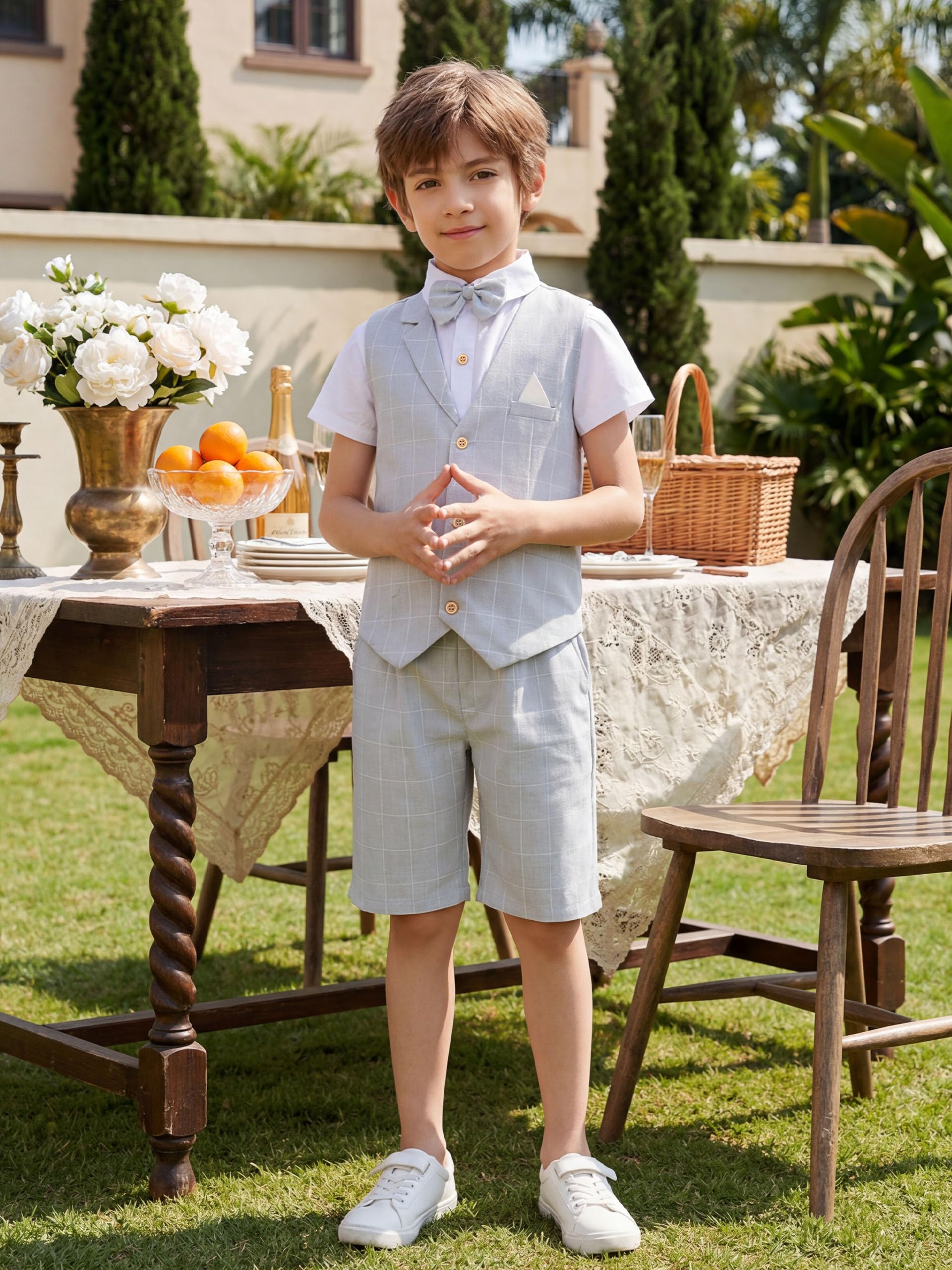 LOLANTA 4 pièces Costume Enfant Garcon Mariage Ete, Vetements Garcon Ceremonie, Ensemble Costume Short Gilet Chemise avec nœud Papillon pour 2-12 Ans