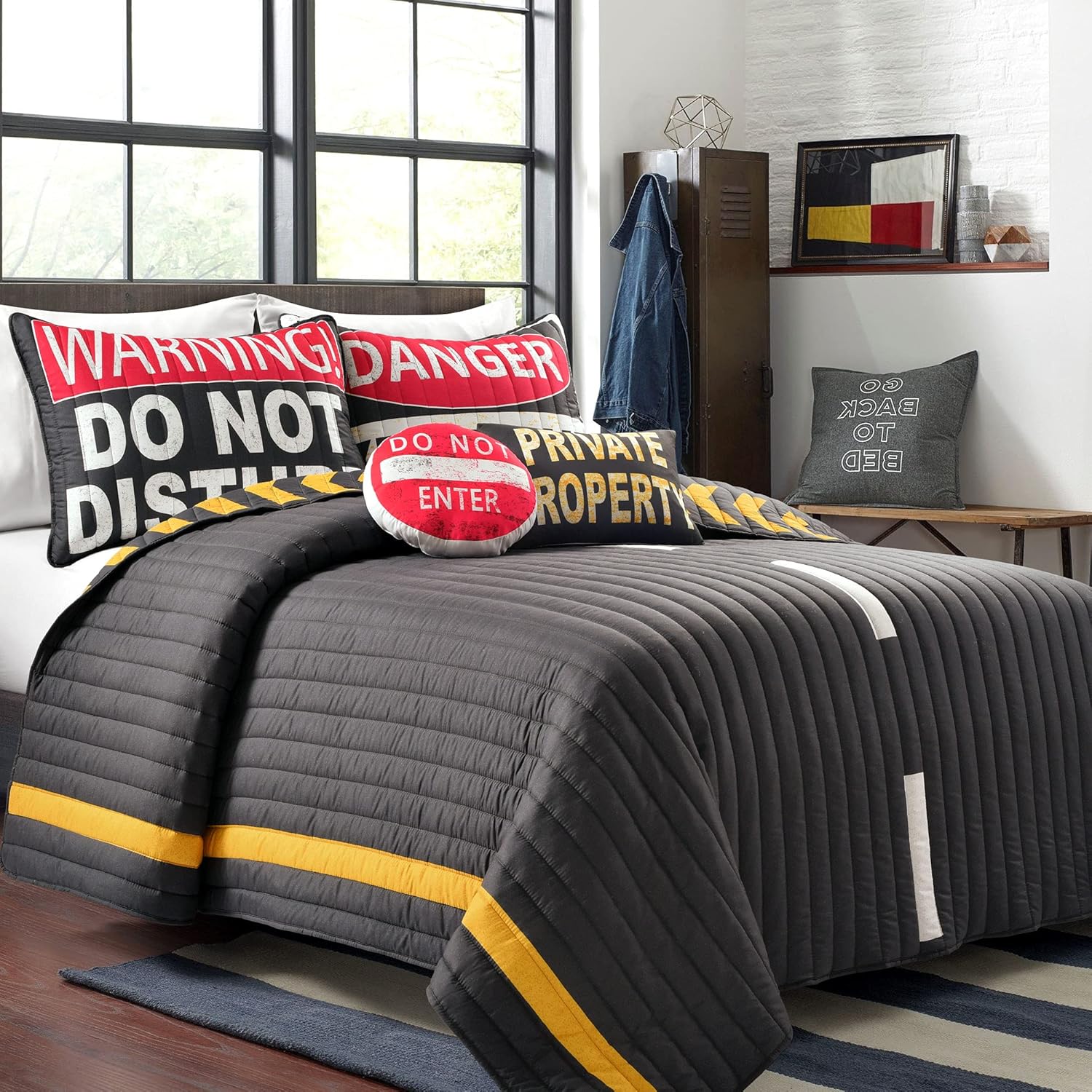 Lush Decor Highway Reversible Quilt Queen Size 5 Piece Set Full/Queen Charcoal & Yellow - Kids Bedding Set Queen Quilt - Car Decor - Gray Quilts