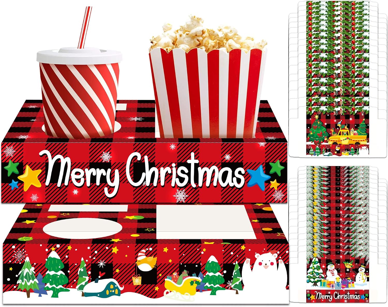 32pcs Christmas Party Supplies Movie Night Snack Trays Hold Popcorn Candy Food Drink, Merry Christmas Movie Theater Popcorn Holder Decorations for Kid's Birthday Party Concession Stand Family
