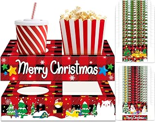 32pcs Christmas Party Supplies Movie Night Snack Trays Hold Popcorn Candy Food Drink, Merry Christmas Movie Theater Popcorn Holder Decorations for Kid's Birthday Party Concession Stand Family