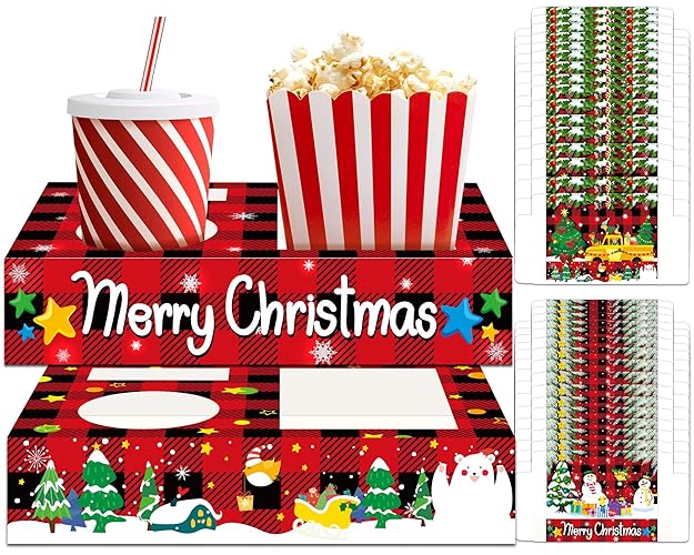 32pcs Christmas Party Supplies Movie Night Snack Trays Hold Popcorn Candy Food Drink, Merry Christmas Movie Theater Popcorn Holder Decorations for Kid's Birthday Party Concession Stand Family