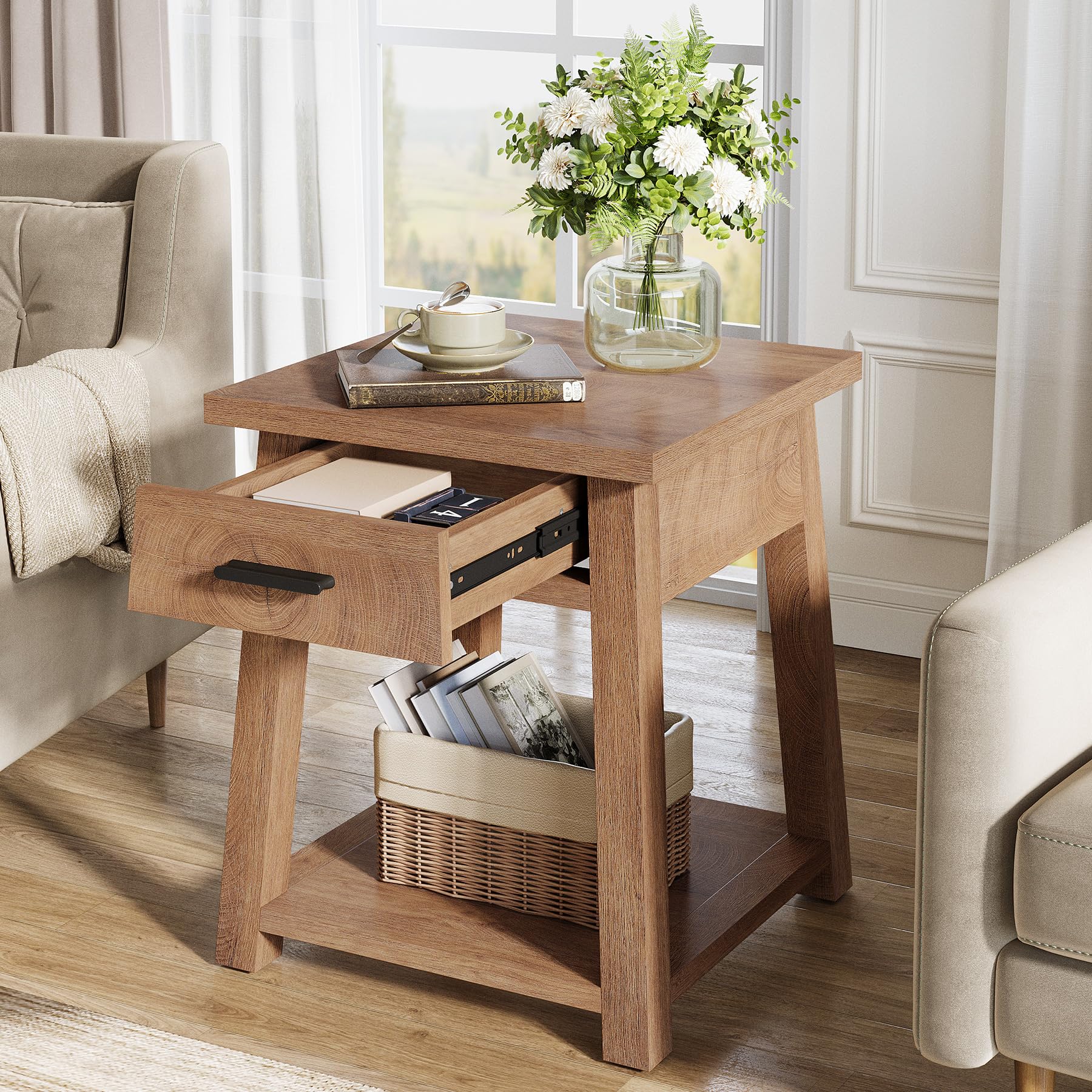 Tribesigns Farmhouse Square Side Table, 2 -Tier Wooden End Table with Drawer, Rustic Nightstands with Shelf Storage for Living Room, Bedroom, Office and Small Spaces