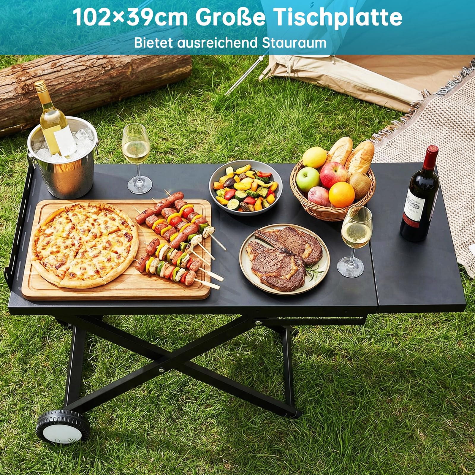 LIFERUN Klappbarer Grillwagen mit Arbeitsfläche 102x39 cm, 2 Räder, Tragbarer Grilltisch, Faltbarer Grillständer für Outdoor, 30 kg Traglast, Schwarz