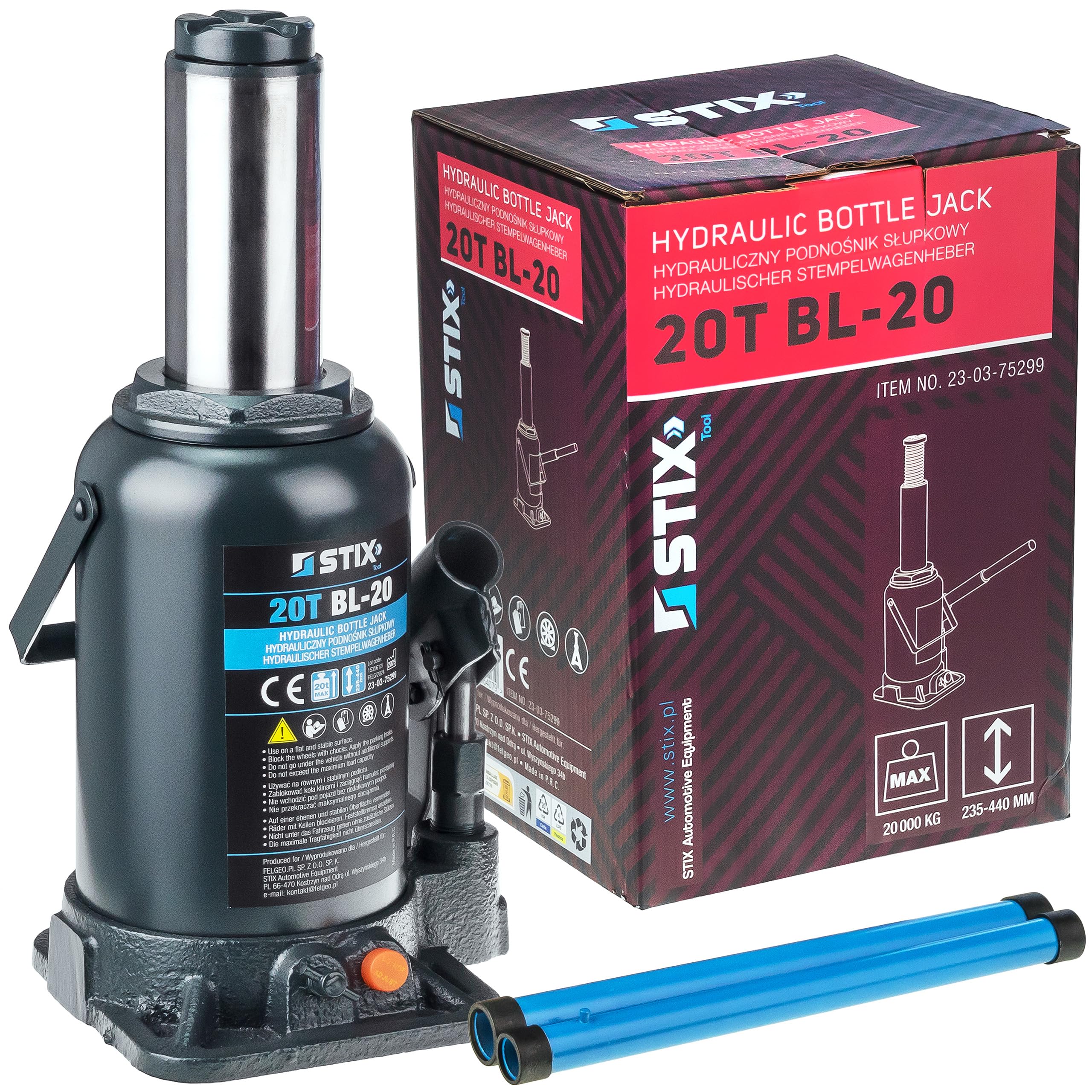STIX Gato hidráulico para botellas BL-20 con capacidad de carga de 20 toneladas, altura de elevación de 235 a 460 mm