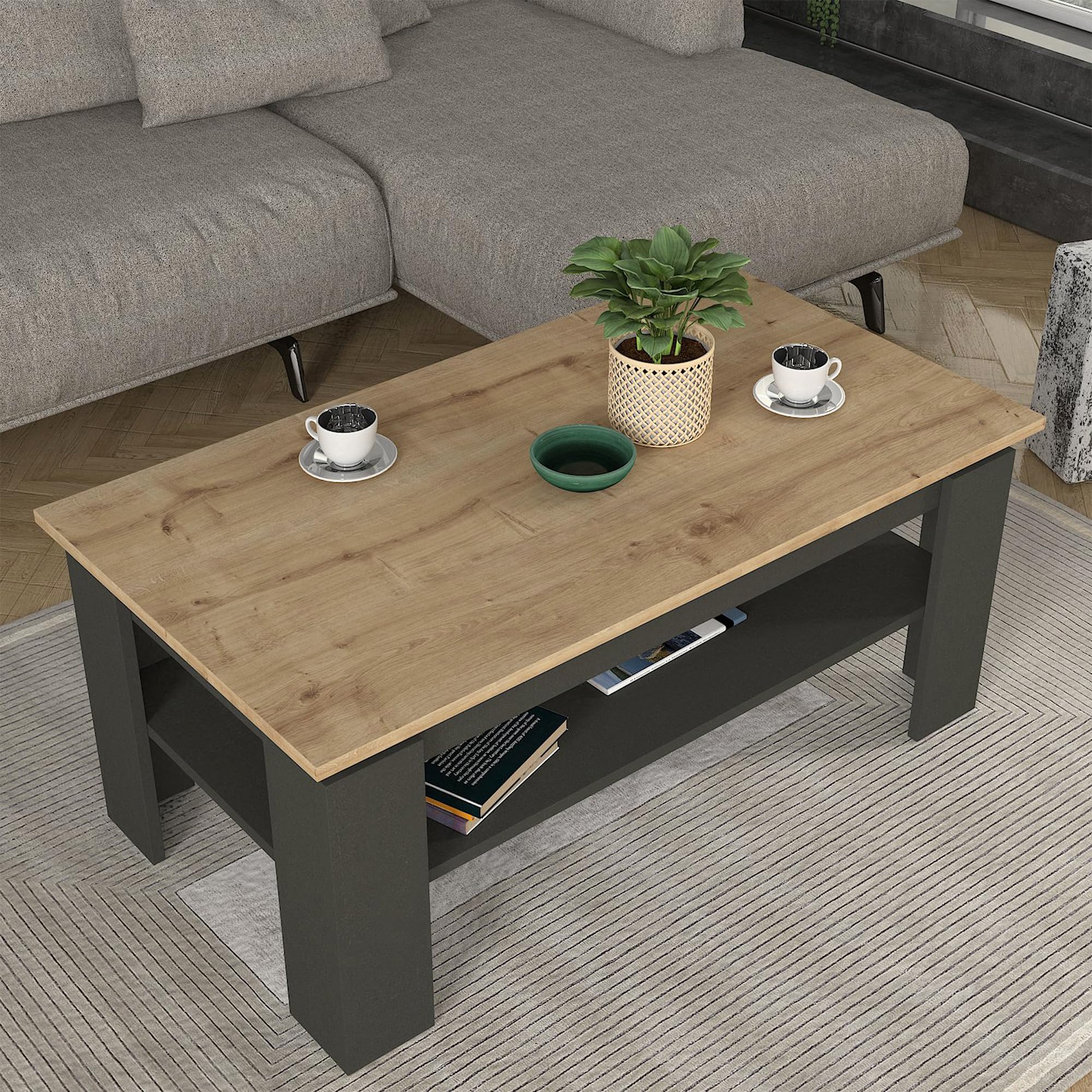 [en.casa] Mesa de Centro Krirdfjos Rectangular Mesa Baja con Estante para Salón Mueble Auxiliar Estructura Estable 110 x 60 x 47 cm - Antracita/Roble Zafiro