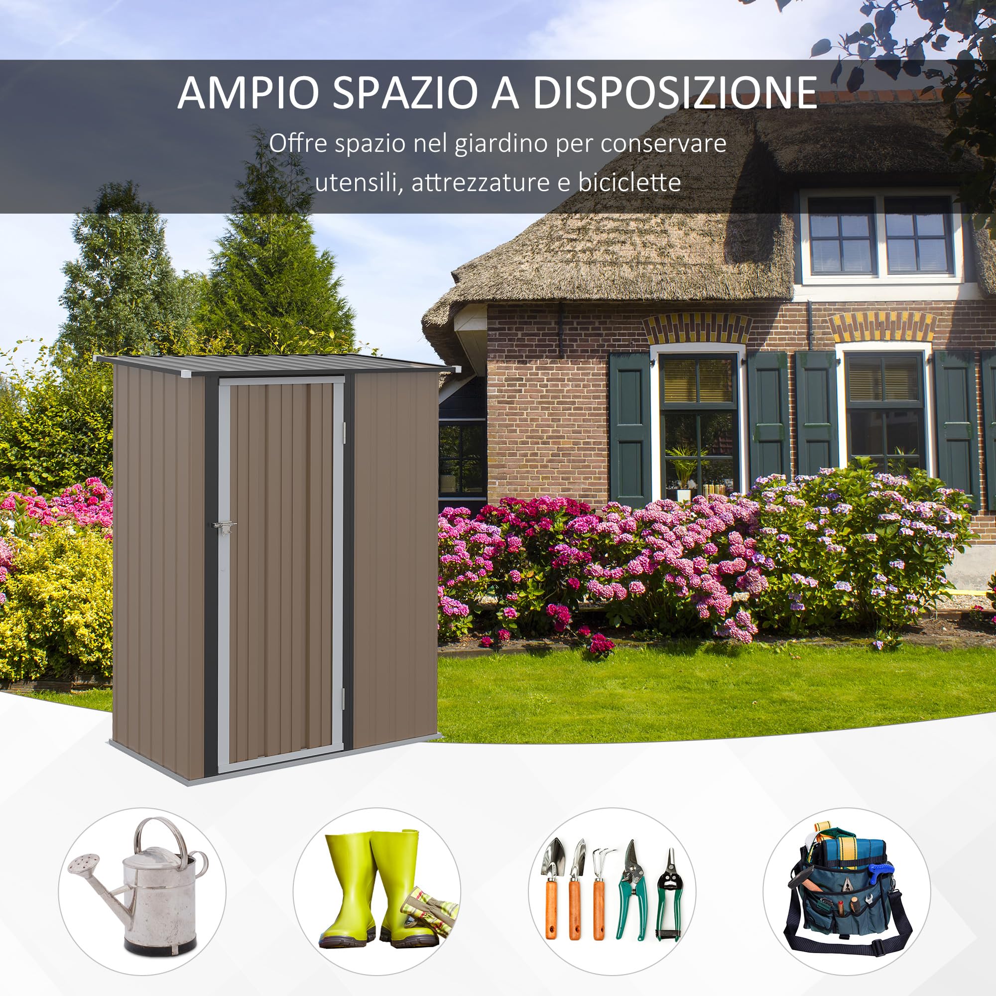 Outsunny Casetta da Giardino Porta Utensili in Lamiera di Acciaio 142x84x189cm Marrone