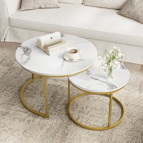 Miniatura 6 de Smuxee Juego de 2 mesas auxiliares anidables blancas, mesa auxiliar redonda de 27.6 pulgadas, patrón de mármol de madera con pies antideslizantes