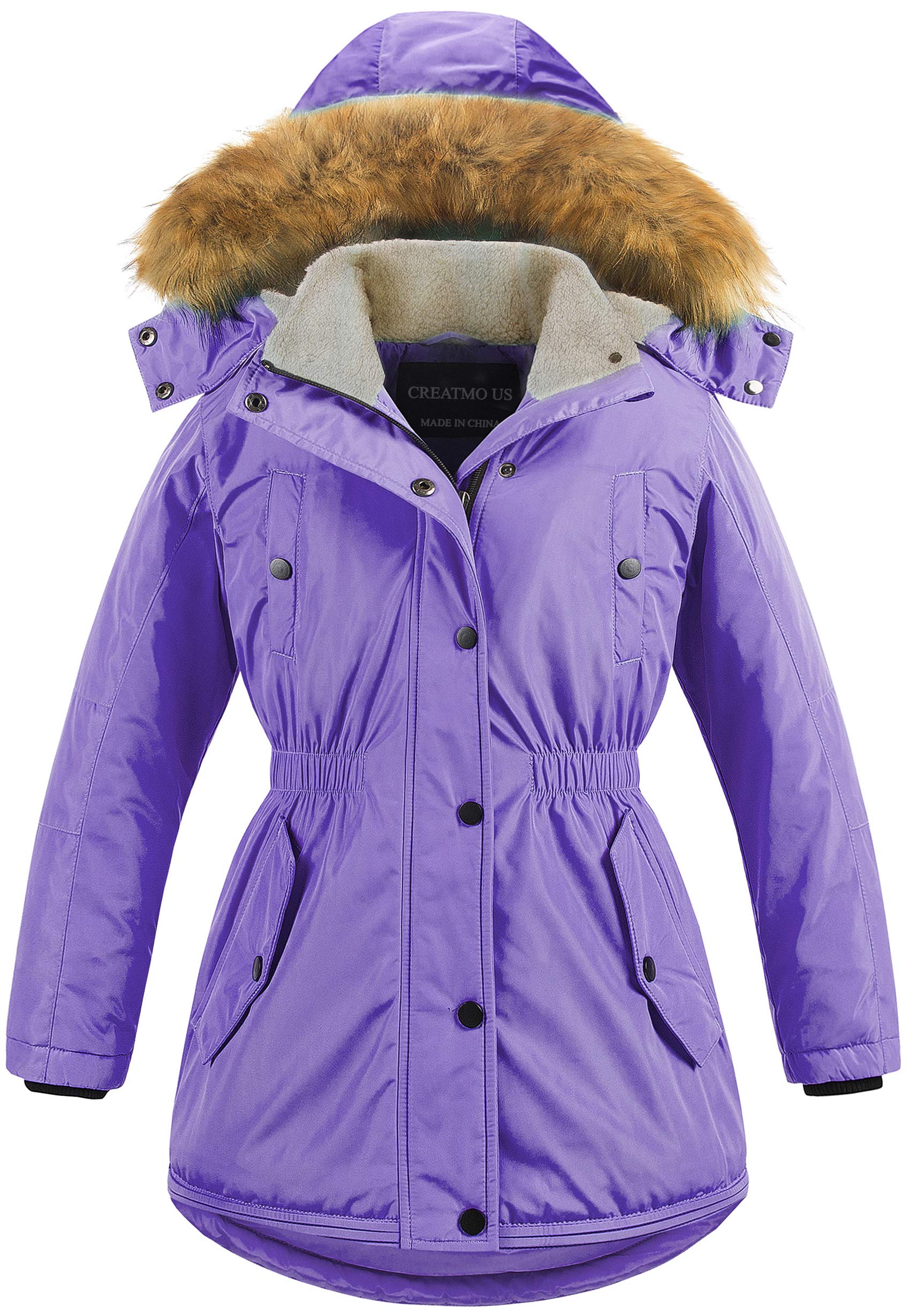 CREATMO US Girl's Long Winter Warm Parka Sherpa Trimmed Collar Puffer Ski Jacket Coat