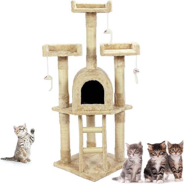 COZY PET Cat Tree Multi Level Scratcher Activity Centre Scratching Post Toys with Heavy Duty Sisal Cat Trees in Beige CT02.