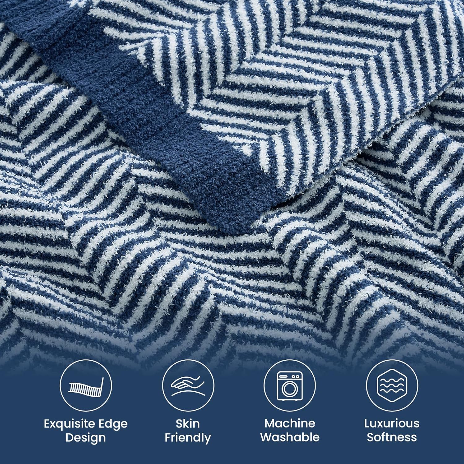 Snuggle Sac Herringbone Throw Blanket for Couch, Reversible Super Soft Warm Blankets Cozy Knit Fuzzy Plush Lightweight Throws for Sofa, Bed, Camping, Navy, 50x60 inches - Image 2