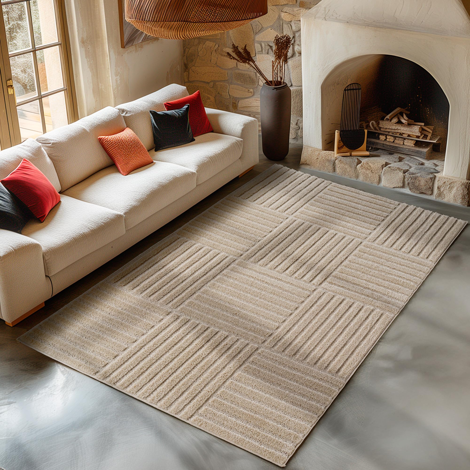 Carpetsale24 Wohnzimmer Teppich Hochflor Skandi Boho Karo Muster Hoch-Tief Struktur Shaggy Langflor Weich Flauschig Strapazierfähig Pflegeleicht Modern für Schlafzimmer