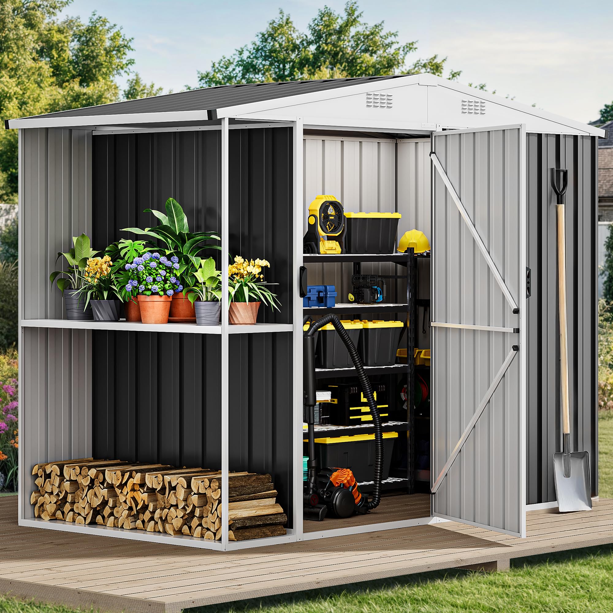 DWVO 8 x 4 ft Outdoor Storage Shed with 2-Tier Shelf, Metal Tool Shed &amp; Garden Storage Cabinet for Backyard, Patio, Equipment &amp; Bike, Black